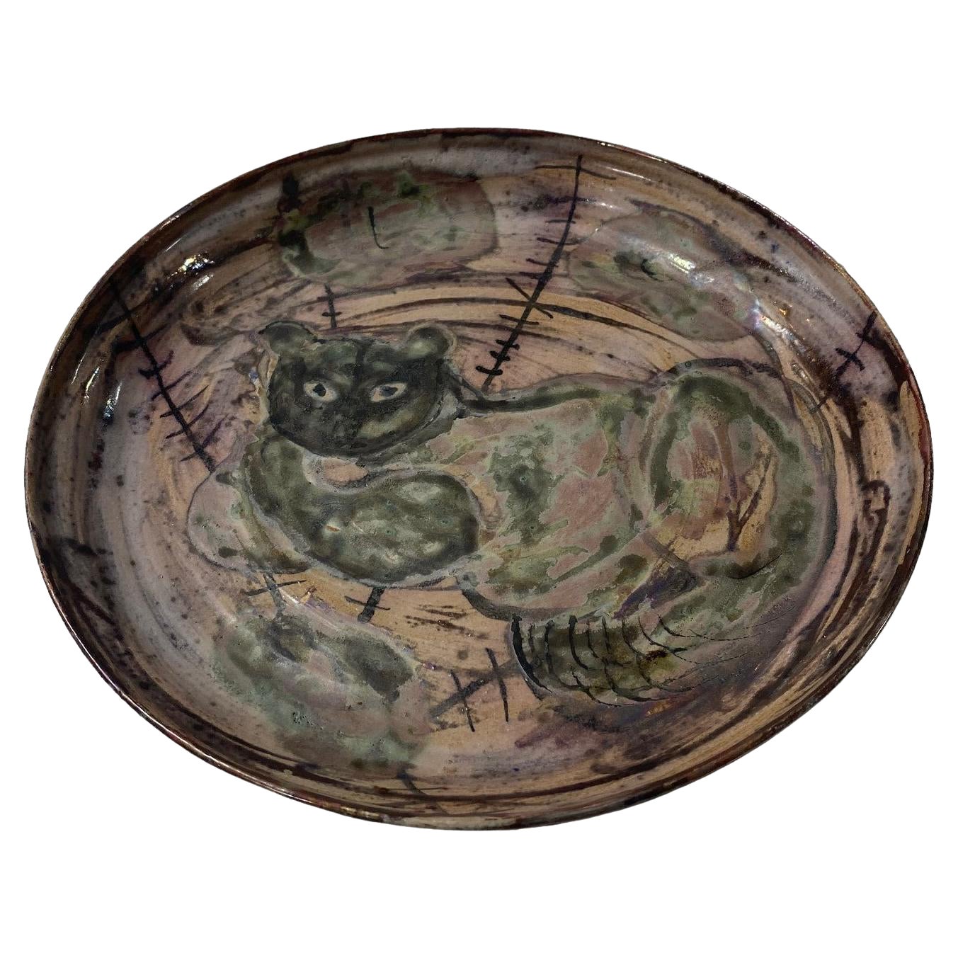 Beatrice Wood Signed Midcentury California Studio Pottery Cat Charger Plate