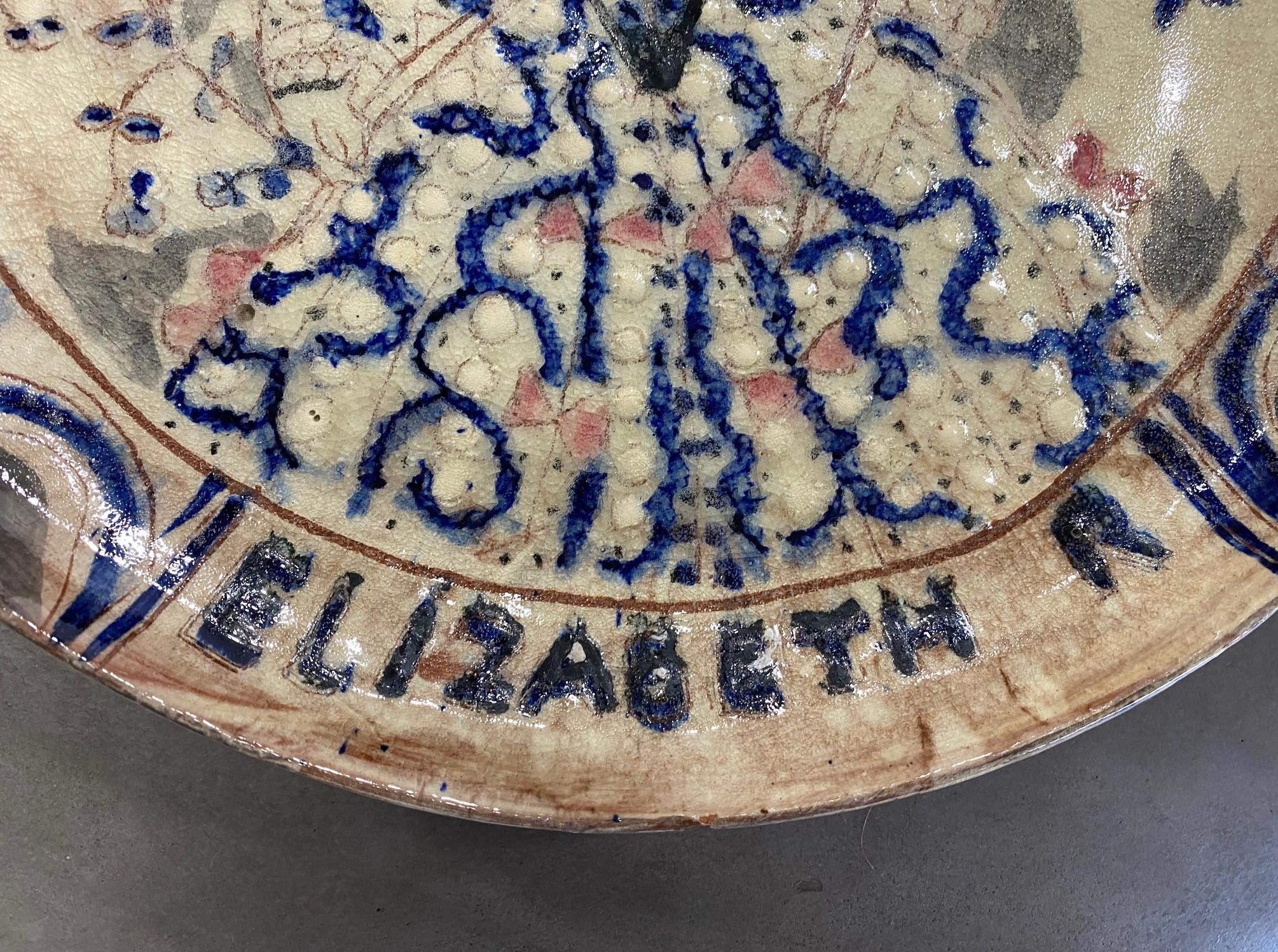 American Beatrice Wood Signed Monumental Midcentury Queen Elizabeth Pottery Charger For Sale