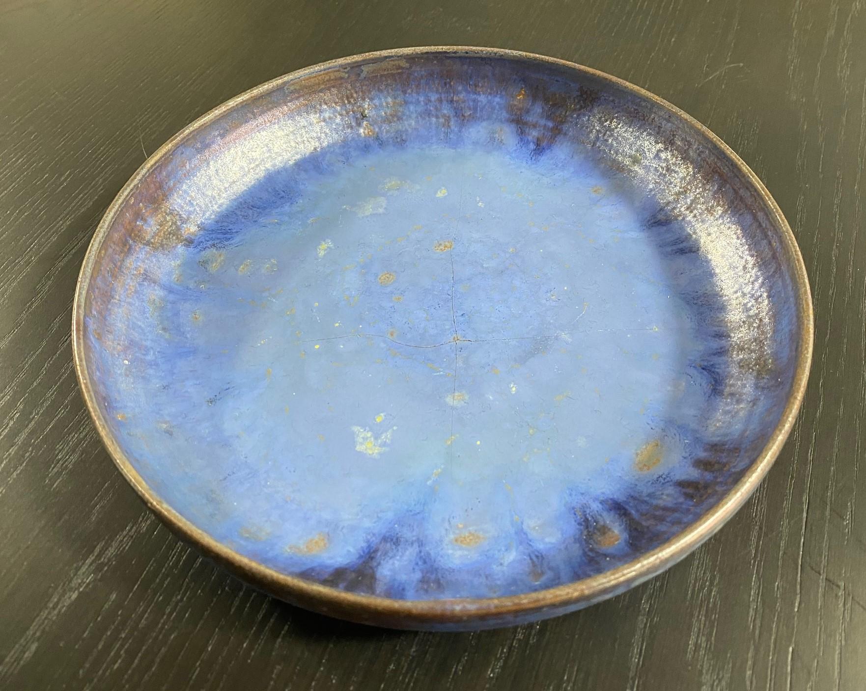 Beatrice Wood Signed Volcanic Ash Blue Iridescent Luster Studio Pottery Bowl In Good Condition For Sale In Studio City, CA
