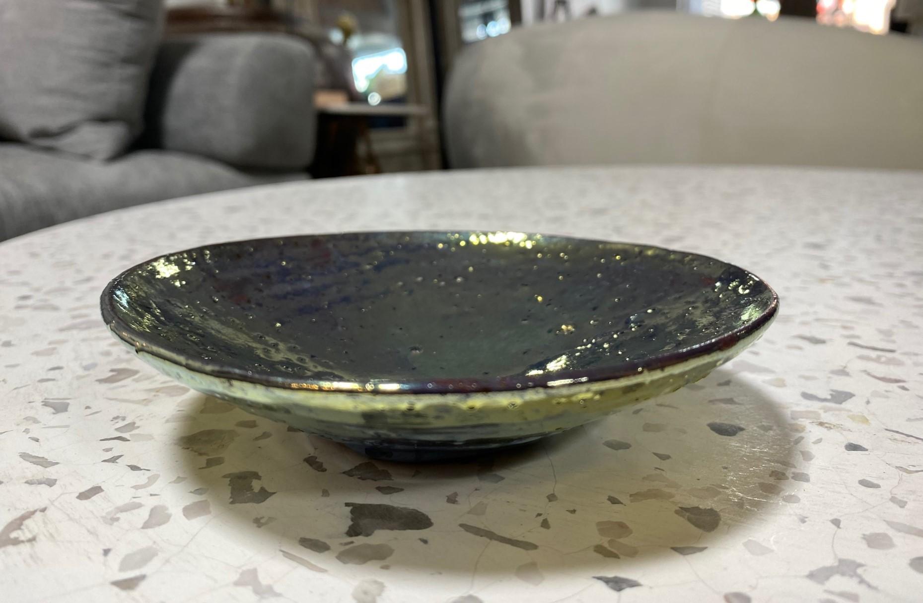 Mid-Century Modern Beatrice Wood Signed Volcanic Iridescent Gold Luster Studio Pottery Bowl Plate