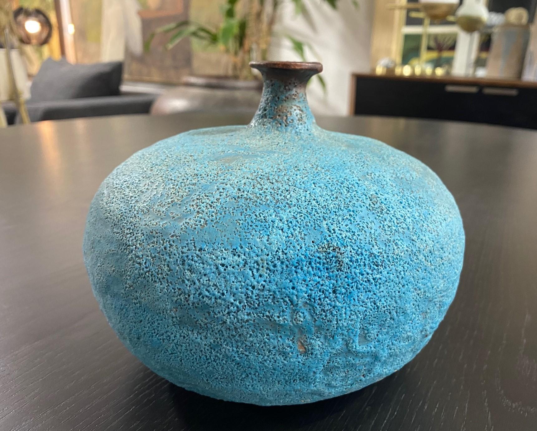 Beatrice Wood signed rare beautifully shaped large volcanic turquoise lava glazed Mid-Century Modern vase/ vessel - quite a heavy, powerful piece by the famed American/ California ceramist. The work features one of Wood's most coveted and