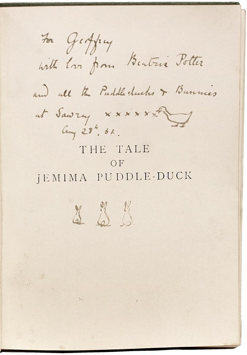 Beatrix Potter, Tale of Jemima Puddle-Duck, Presentation Copy, with a Drawing In Good Condition In Hillsborough, NJ