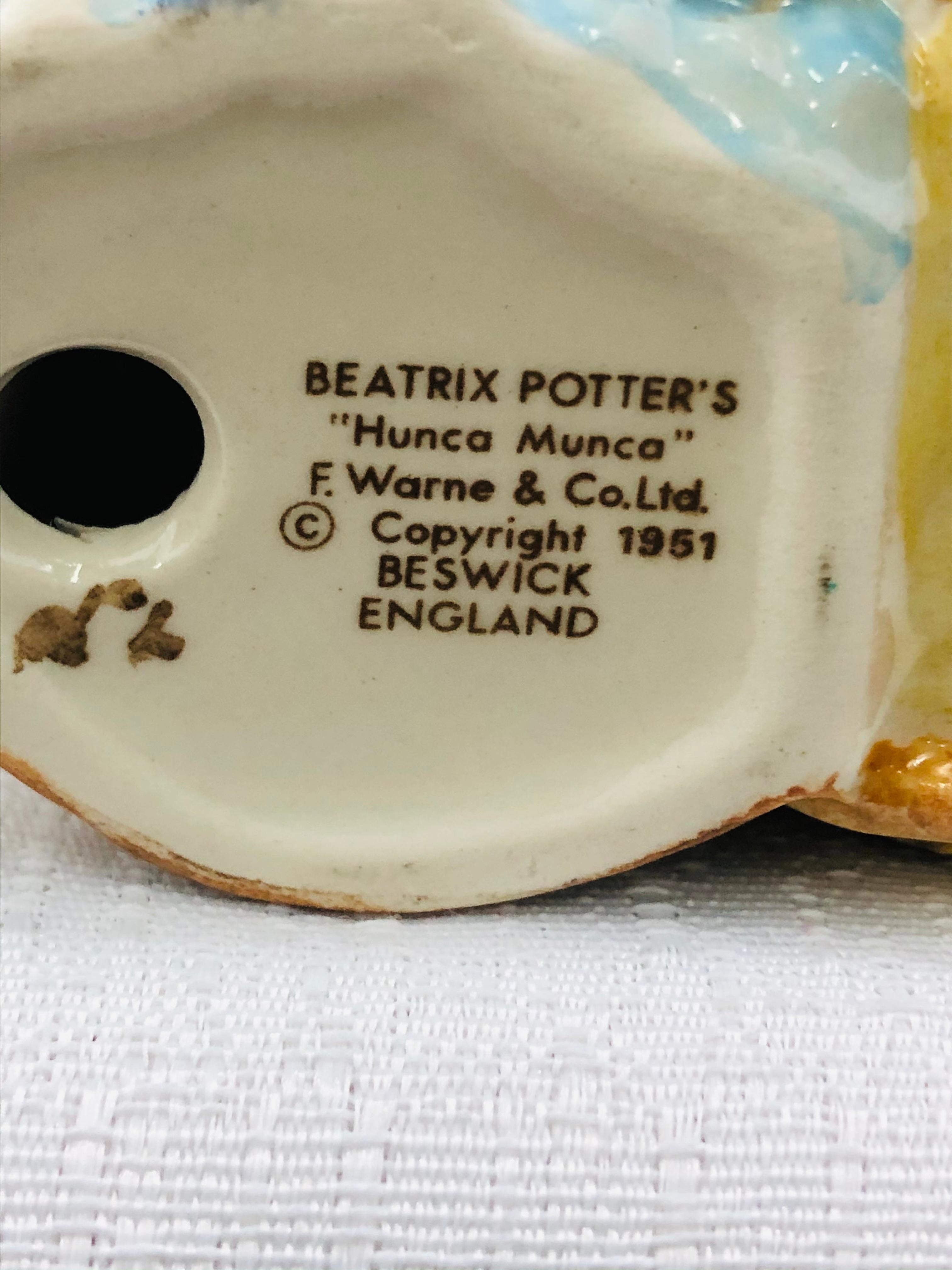 A porcelain set of Beatrix Potter's collectible animal figurines. Each figurine is signed, dated and titled in the bottom. Date of manufacturing ranges from 1948-1976. They are just beautiful and unique and great collectible items. 

Duck- 2” L x