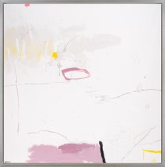 Abstrakte Mixed Media-Arbeit ""Bird Whisper & Pink" mit rosa und gelben Akzenten