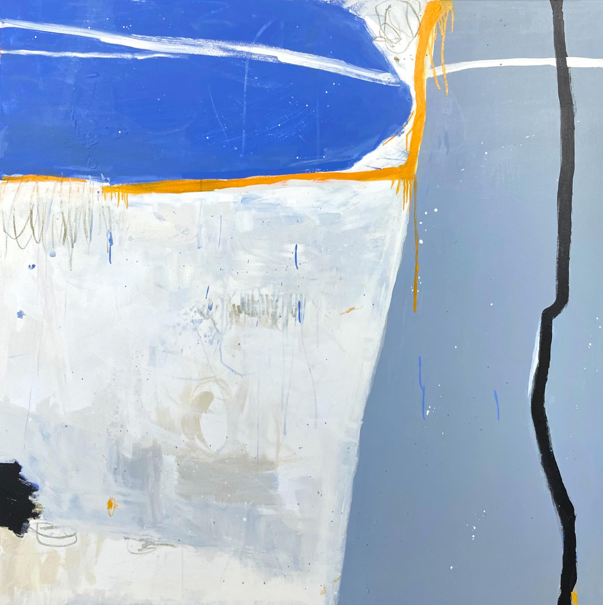 „Blue Moment I“, spielerisches, abstraktes Gemälde in harmonischem Blau – Mixed Media Art von Beatriz Simón