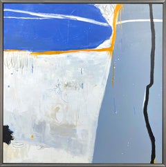 "Blue Moment I" Pittura astratta contemporanea su tela con cornice in tecnica mista