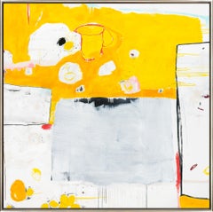"Home" Tecnica mista astratta giallo brillante con accenni di rosso e blu