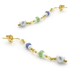 Beau Soleil 18/22k Yellow Gold Pearl, Tourmaline, and Sapphire Drop Earrings