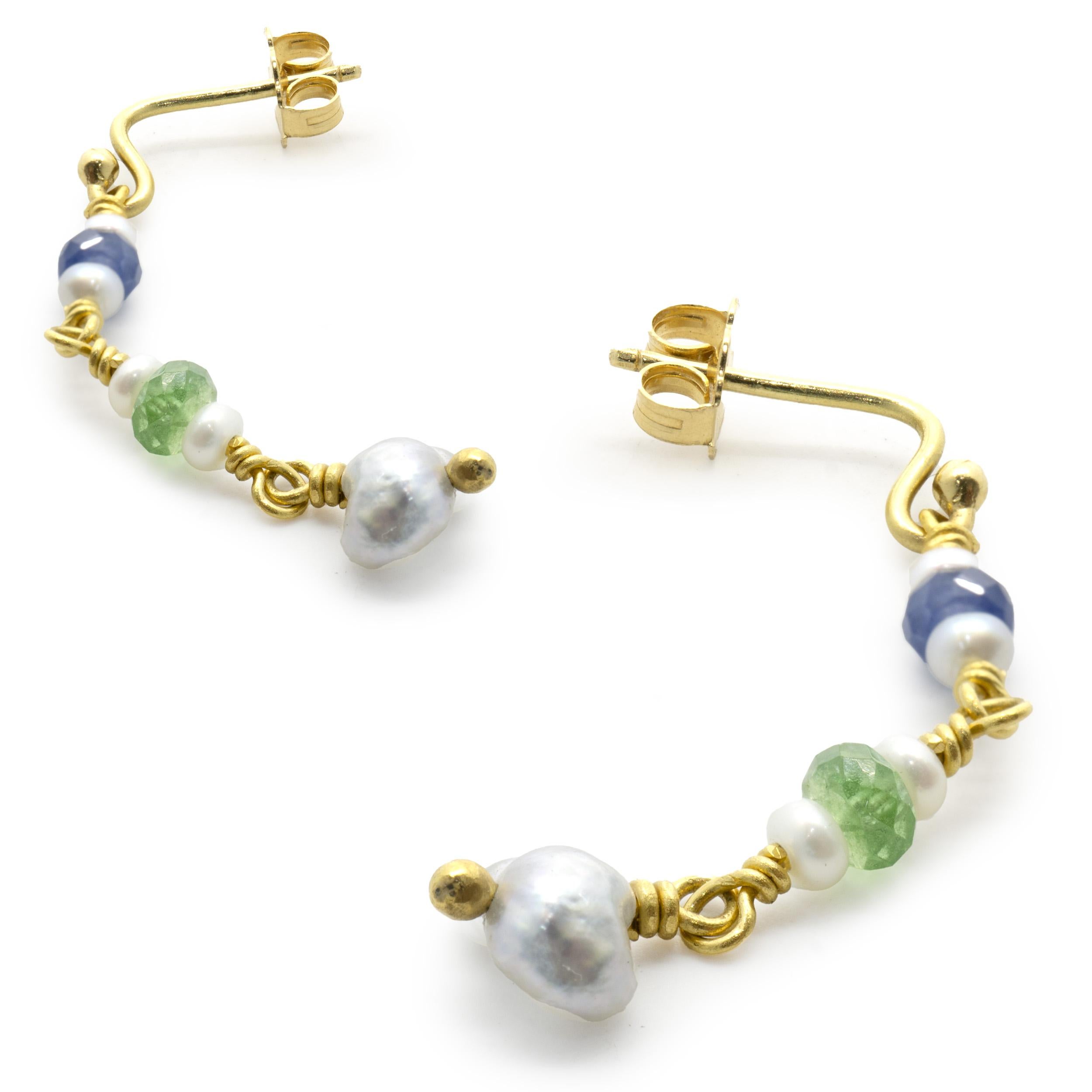 Mixed Cut Beau Soleil 18/22k Yellow Gold Pearl, Tourmaline, and Sapphire Drop Earrings For Sale