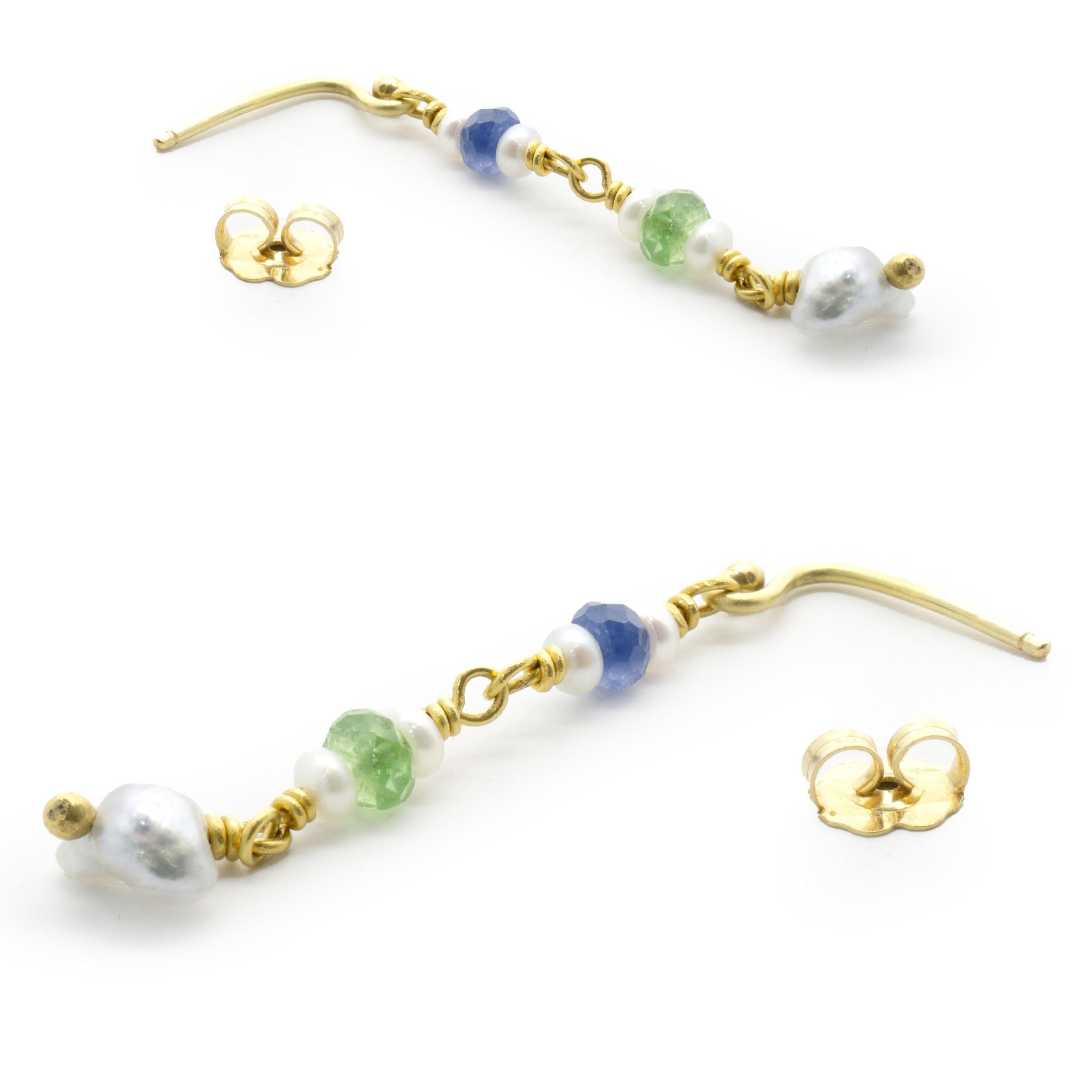 Beau Soleil 18/22k Yellow Gold Pearl, Tourmaline, and Sapphire Drop Earrings In Excellent Condition For Sale In Scottsdale, AZ
