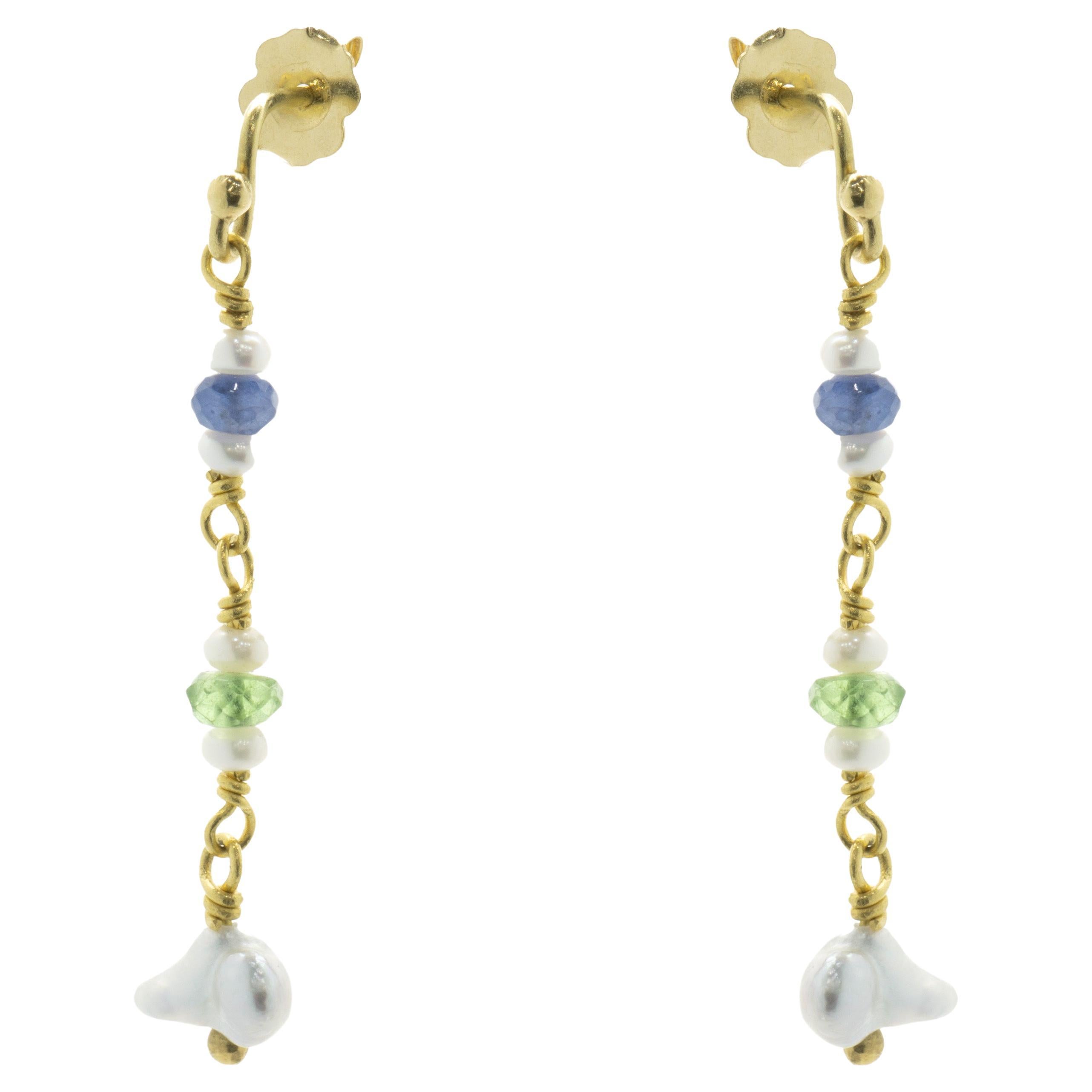 Beau Soleil 18/22k Yellow Gold Pearl, Tourmaline, and Sapphire Drop Earrings For Sale