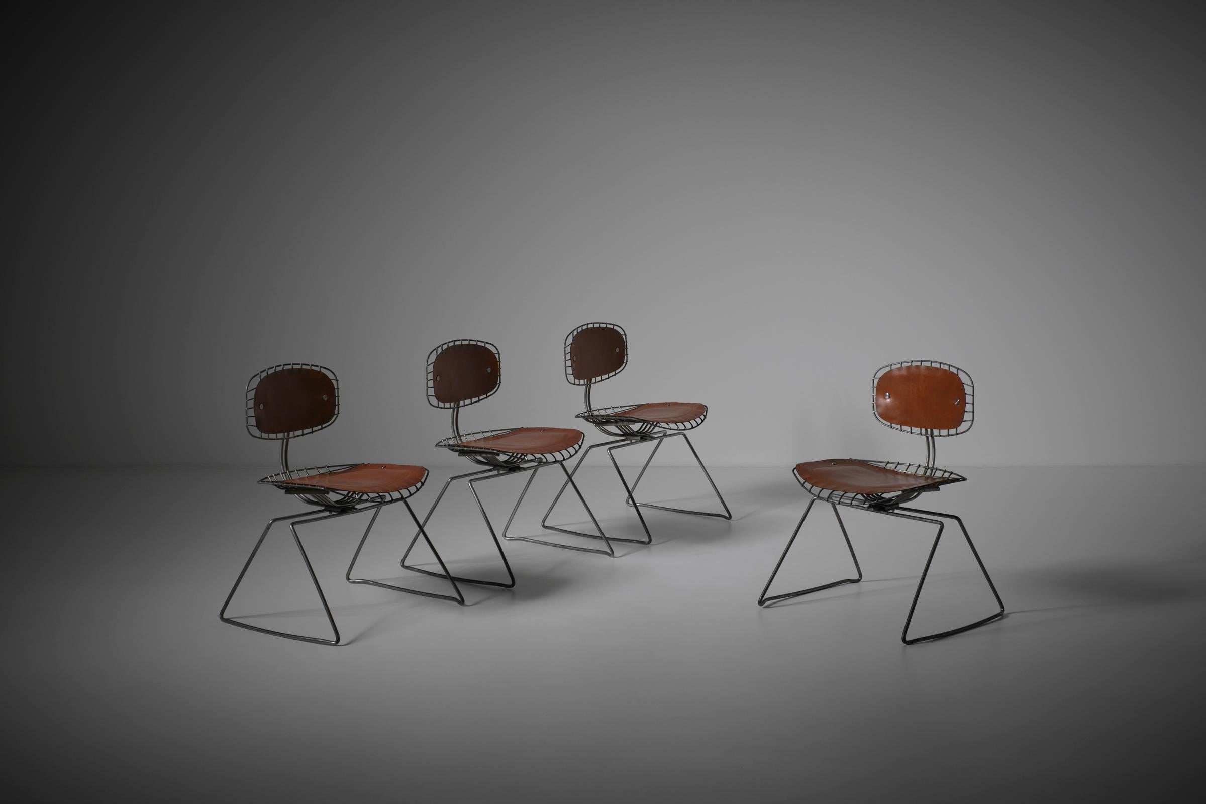 Set of four 'Beaubourg' chairs by Michel Cadestin & Georges Laurent, France 1976. Iconic chairs designed for the famous Centre Pompidou in Paris. The galvanized metal frame makes a stunning contrast with the cognac colored saddle leather seat and