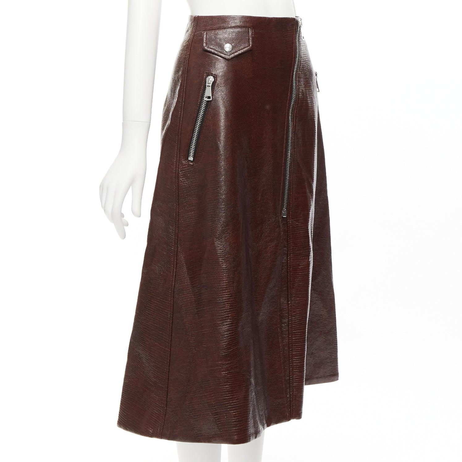 BEAUFILLE brown coated scaled cotton silver asymmetric zip midi skirt US0 XS In Good Condition For Sale In Hong Kong, NT