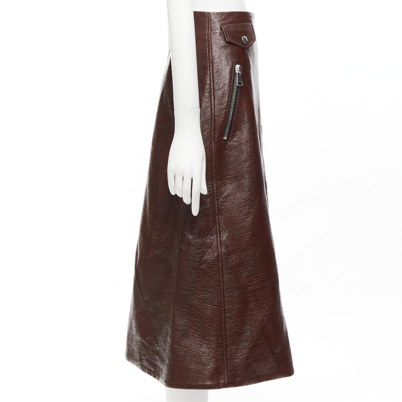 Women's BEAUFILLE brown coated scaled cotton silver asymmetric zip midi skirt US0 XS For Sale