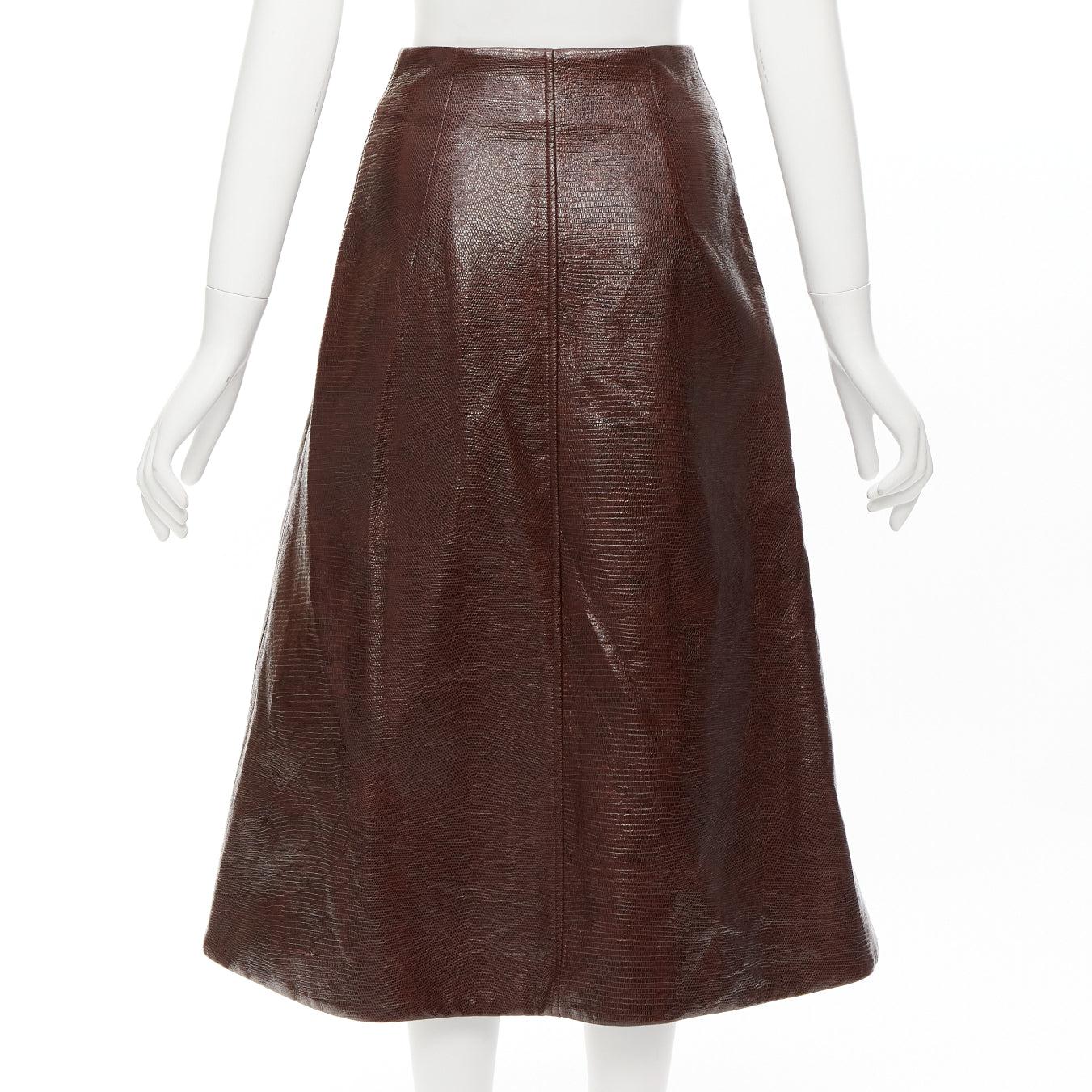 BEAUFILLE brown coated scaled cotton silver asymmetric zip midi skirt US0 XS For Sale 1