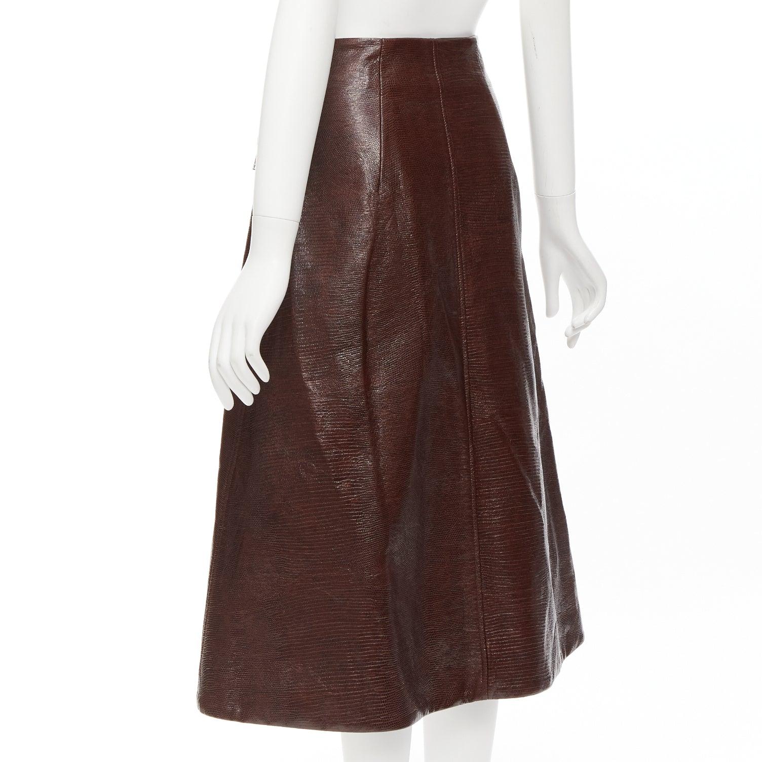 BEAUFILLE brown coated scaled cotton silver asymmetric zip midi skirt US0 XS For Sale 2