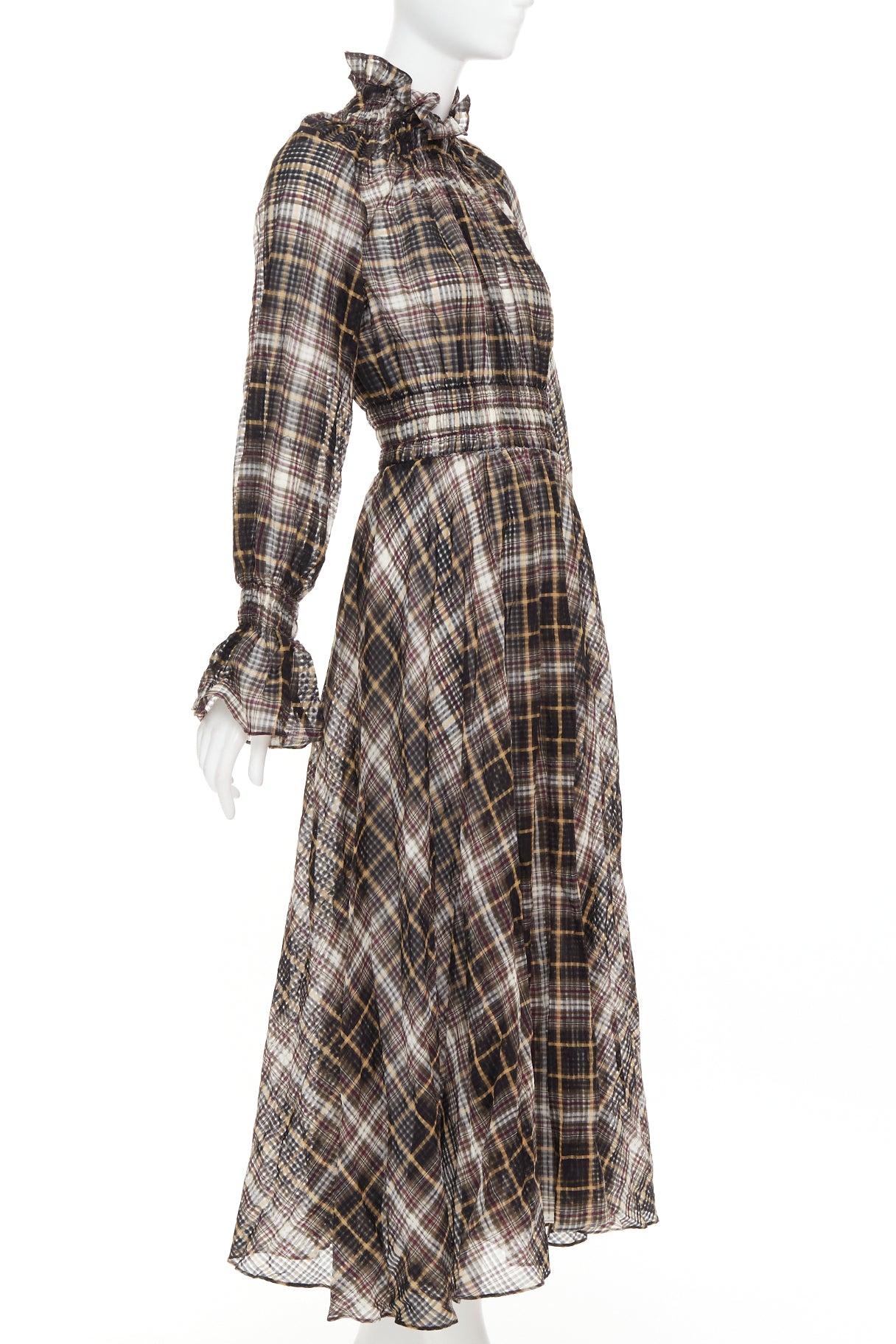 BEAUFILLE algodón seda cuadros transparentes cuello fruncido mangas vestido campesino US0 S Gris en venta