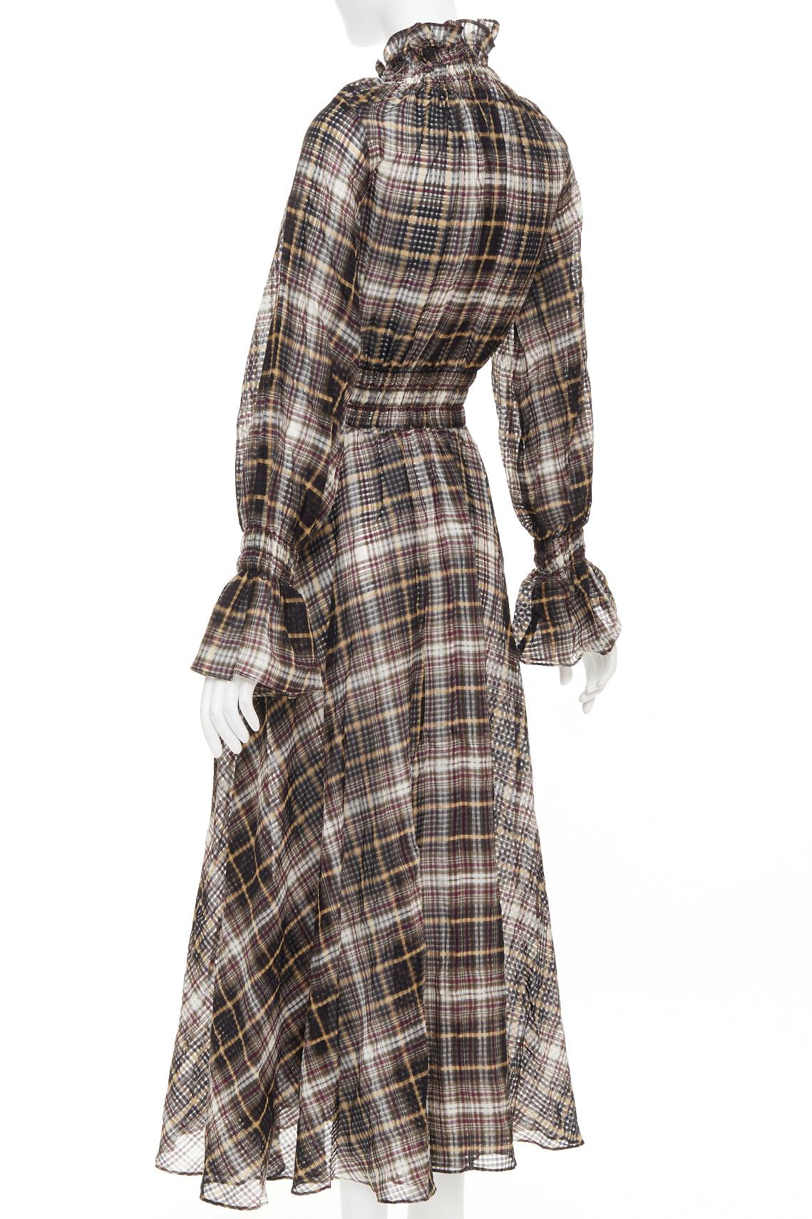BEAUFILLE algodón seda cuadros transparentes cuello fruncido mangas vestido campesino US0 S en venta 1
