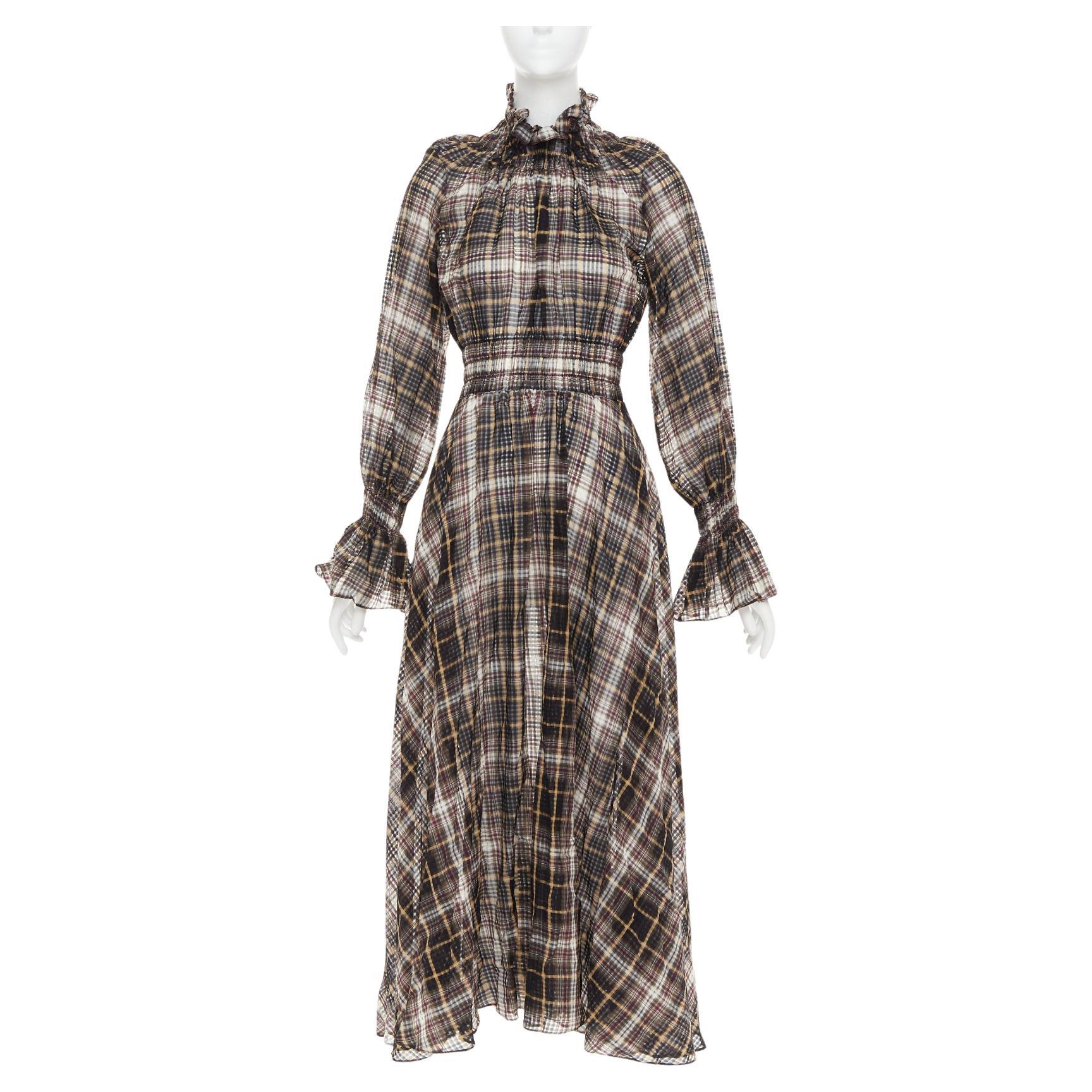 BEAUFILLE algodón seda cuadros transparentes cuello fruncido mangas vestido campesino US0 S en venta