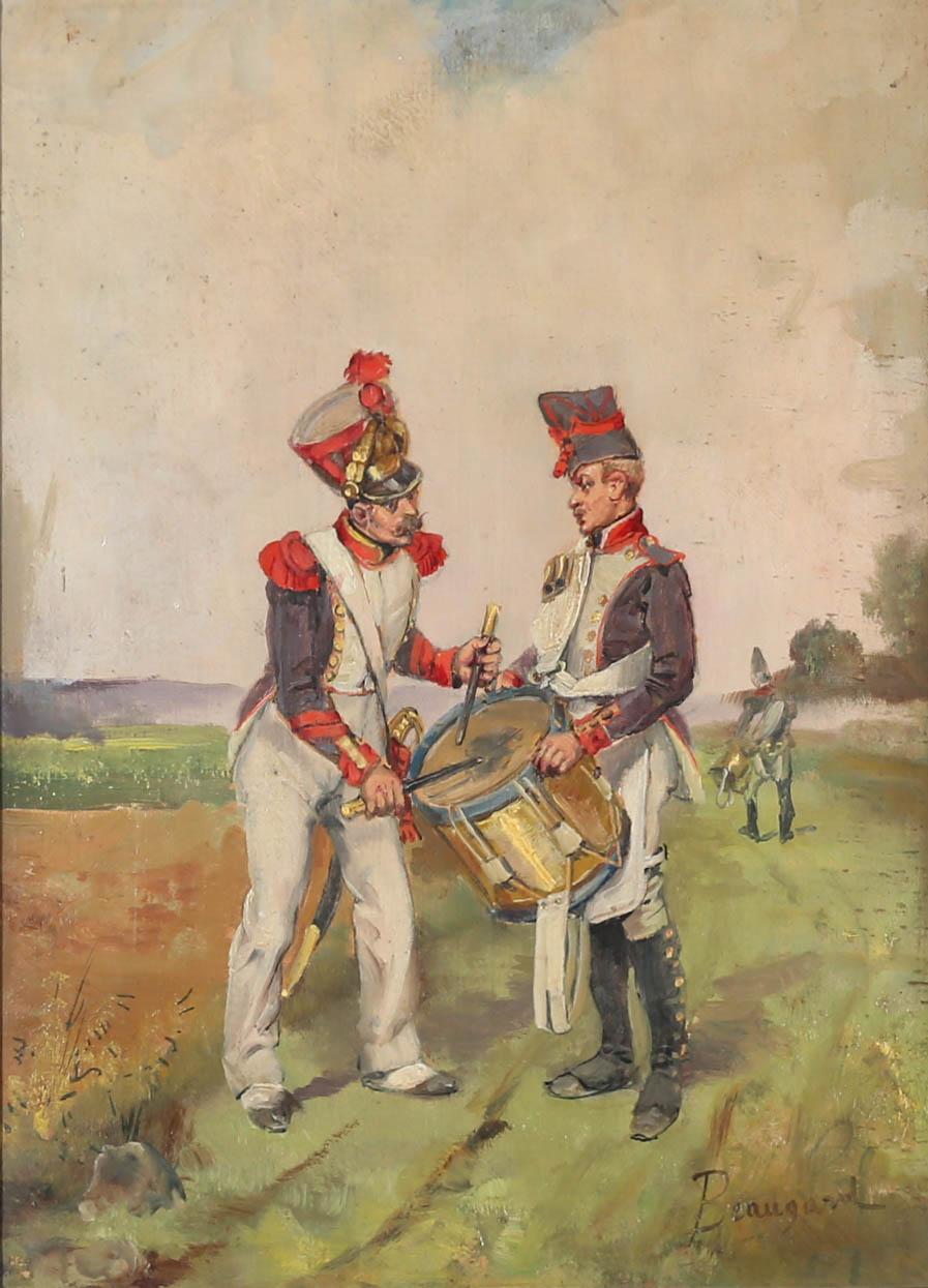 Painted in oils, this military scene depicts two French Infantry drummers practices on the border of camp. Beautifully presented in a stained wood frame. Signed. On wood panel. 
