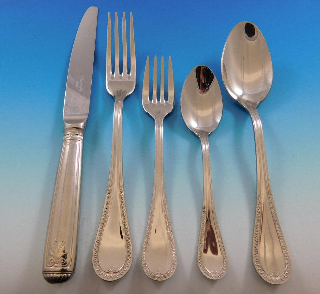 Discontinued and hard to find Beauharnais by Christofle stainless steel flatware set in original Christofle box - 39 pieces. This set appears virtually unused and includes:

Eight dinner size knives, 9 3/4