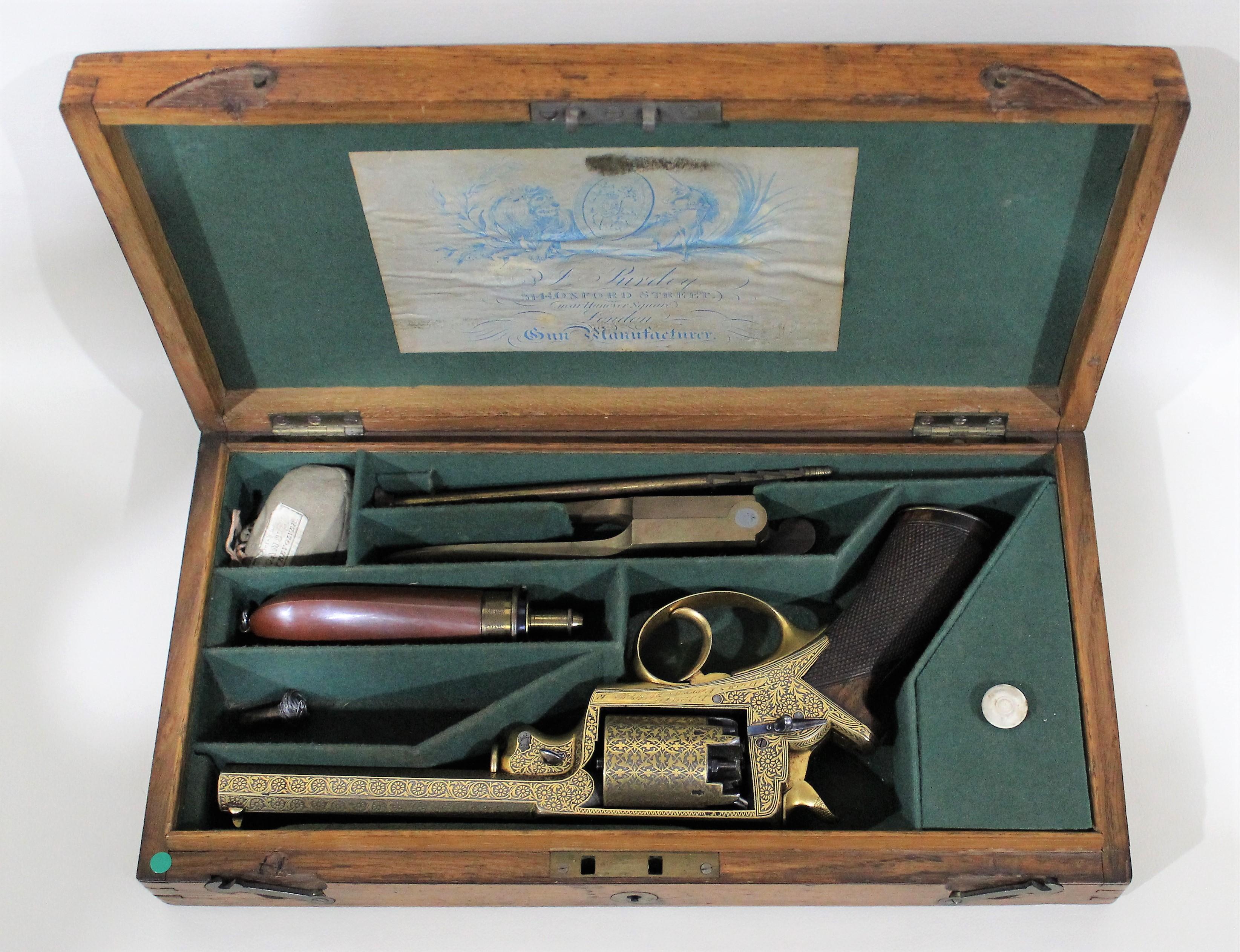 English Beaumont-Adams Revolver with Gold Damascene Embellishment and Original Case