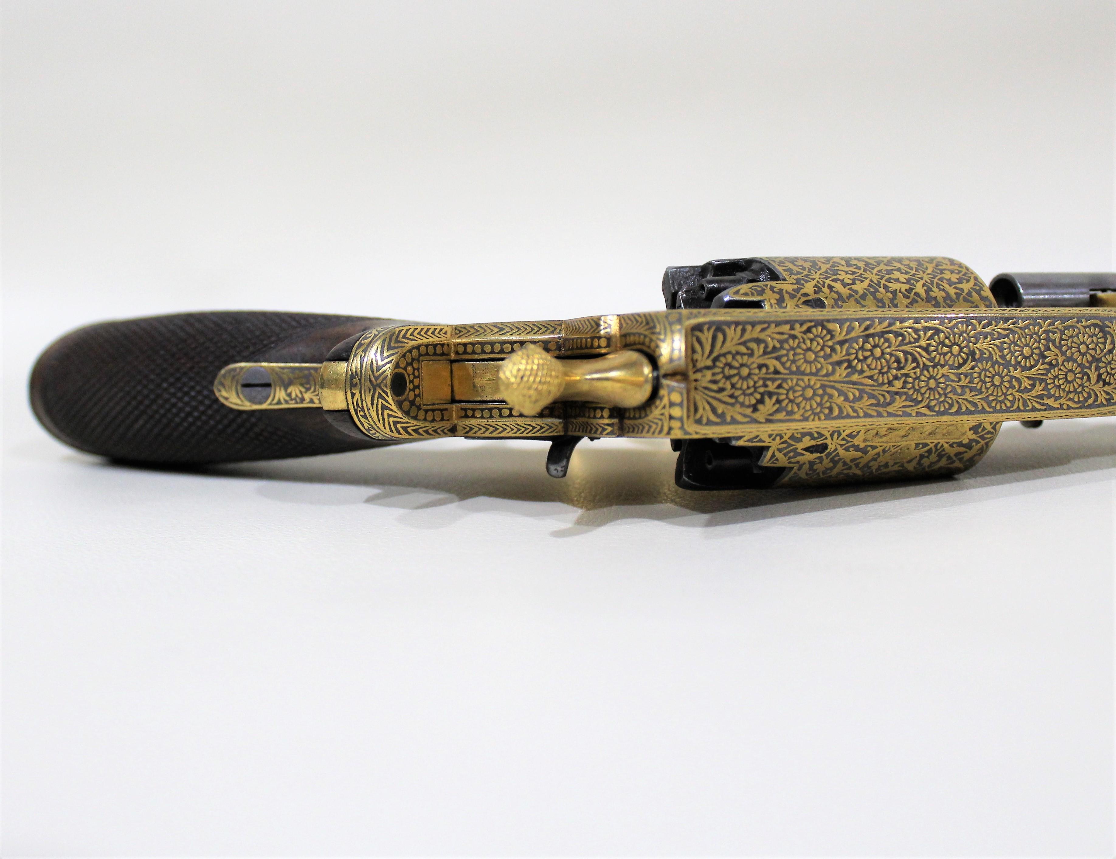 Metal Beaumont-Adams Revolver with Gold Damascene Embellishment and Original Case
