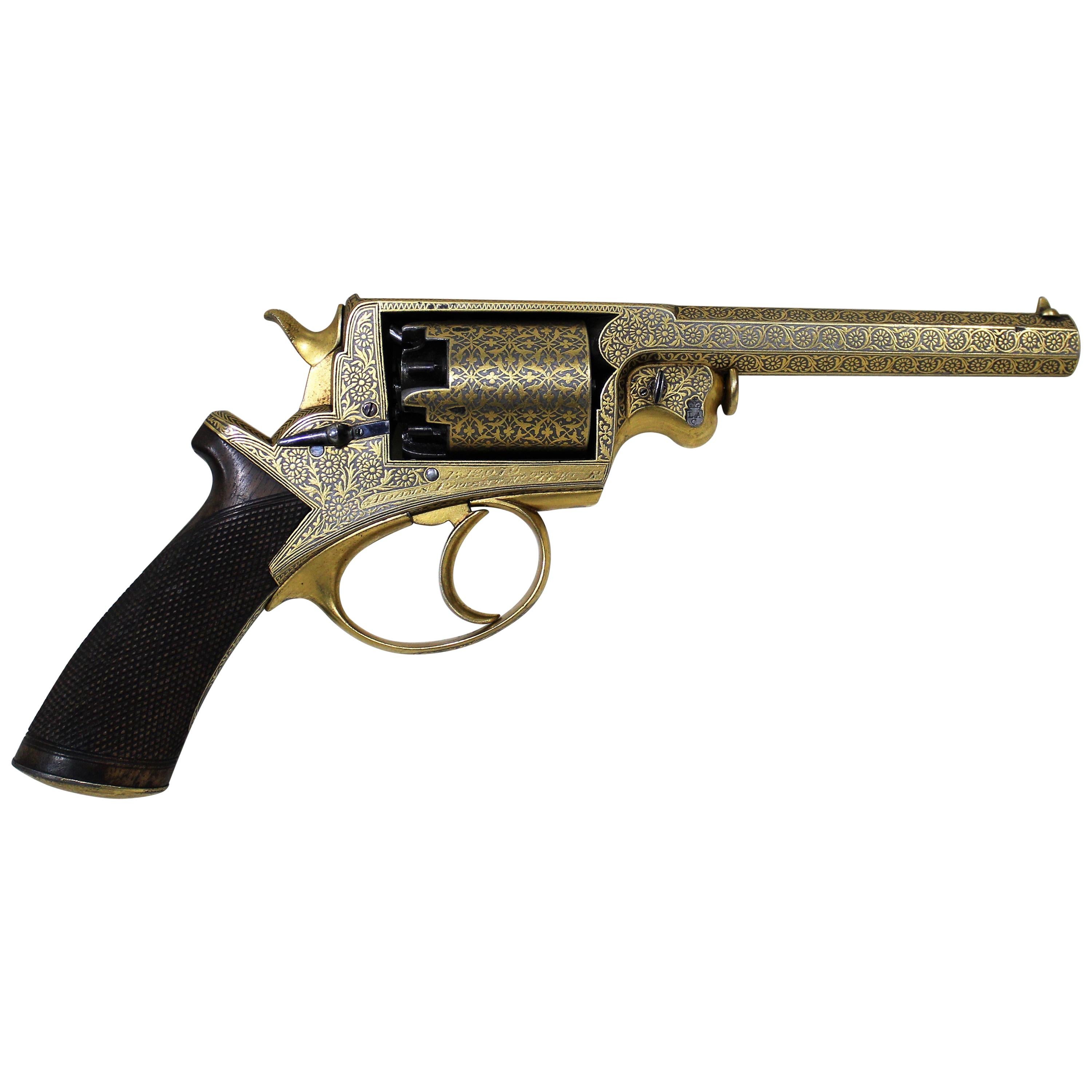 Beaumont-Adams Revolver with Gold Damascene Embellishment and Original Case