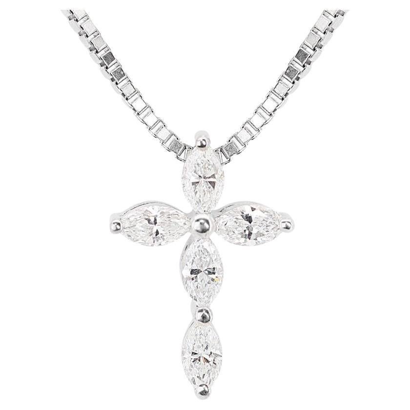 Magnifique pendentif croix en or blanc 18 carats avec diamant 0,35 carat, chaîne non incluse