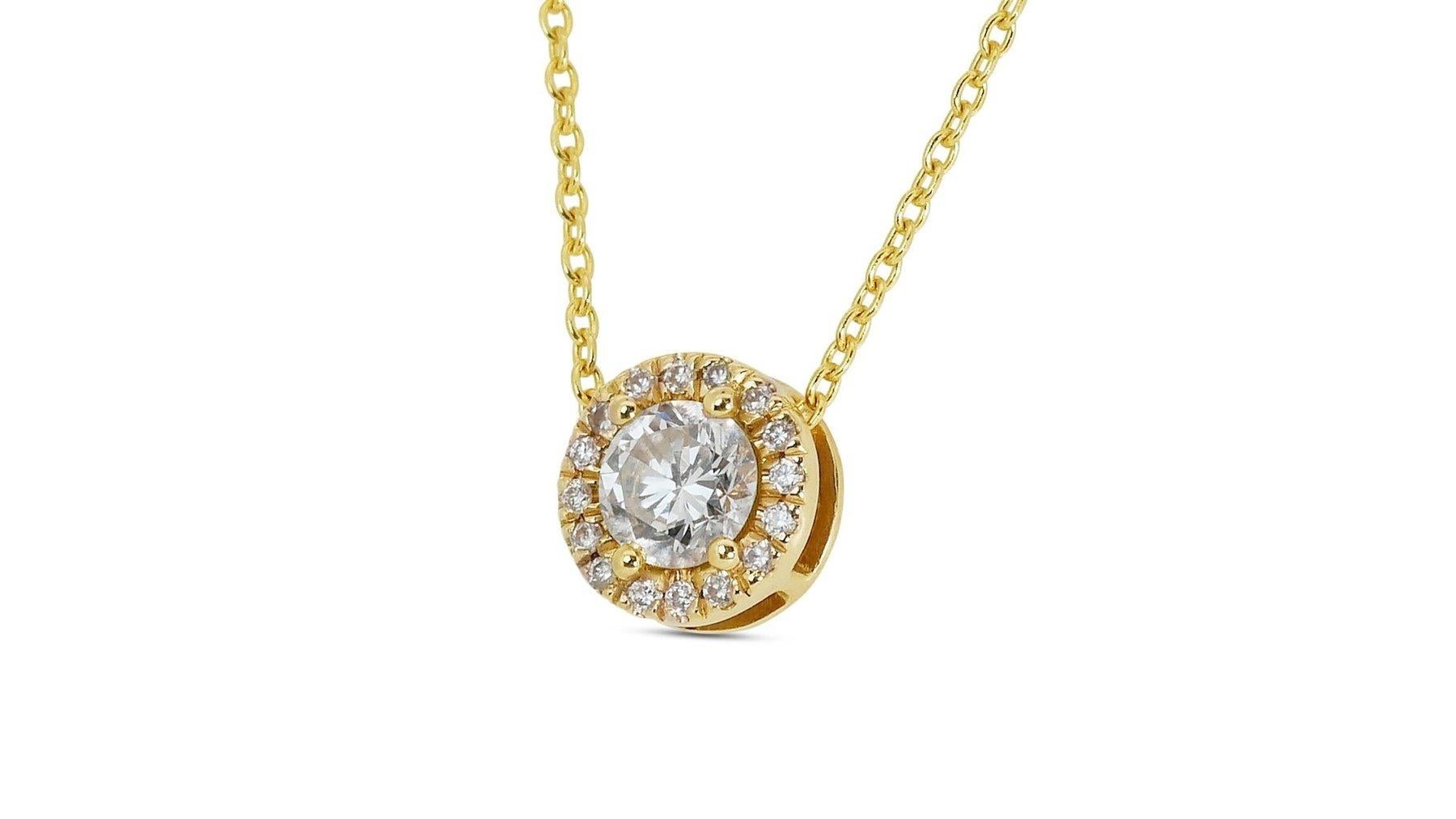 Beautiful 0.40 ct Diamond Halo Necklace in 14k Yellow Gold - AIG Certified

Crafted with precision and care, this exquisite diamond halo necklace in 14k yellow gold captures the essence of refined elegance. It features a total diamond weight of