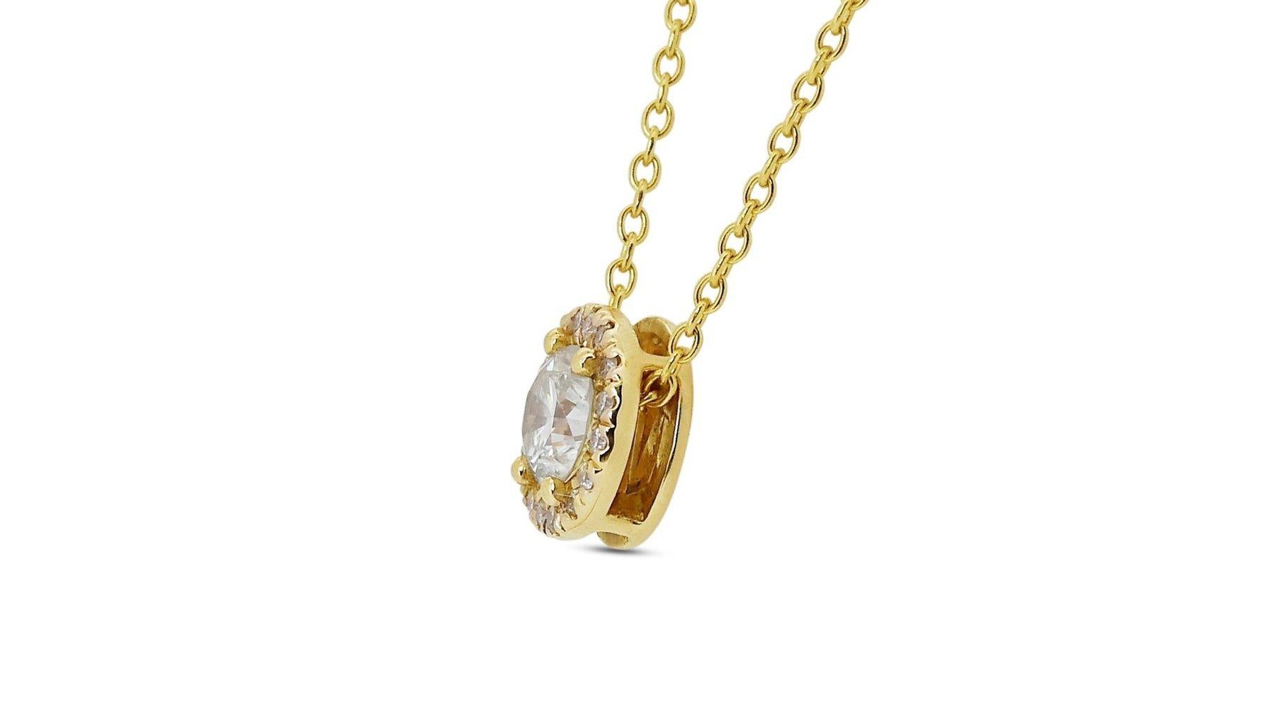 Round Cut Beautiful 0.40ct Diamond Halo Necklace in 14k Yellow Gold - AIG Certified