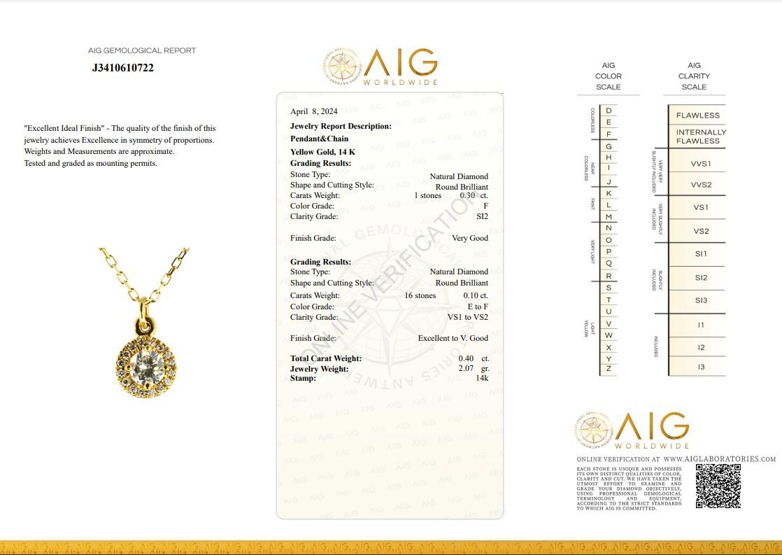 Beautiful 0.40ct Diamond Halo Necklace in 14k Yellow Gold - AIG Certified In New Condition For Sale In רמת גן, IL