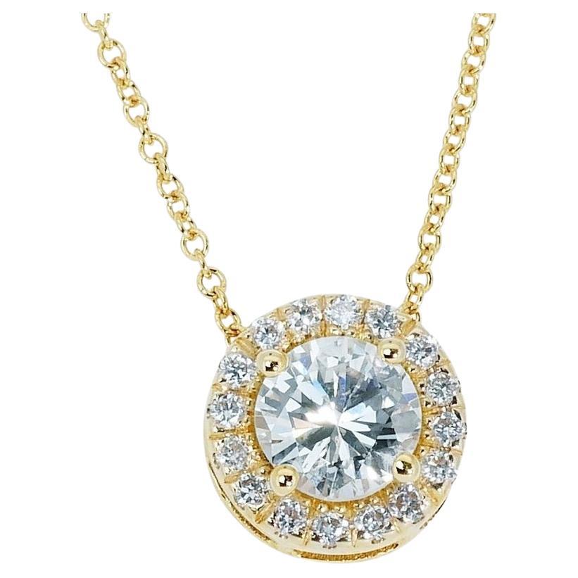 Beautiful 0.40ct Diamond Halo Necklace in 14k Yellow Gold - AIG Certified