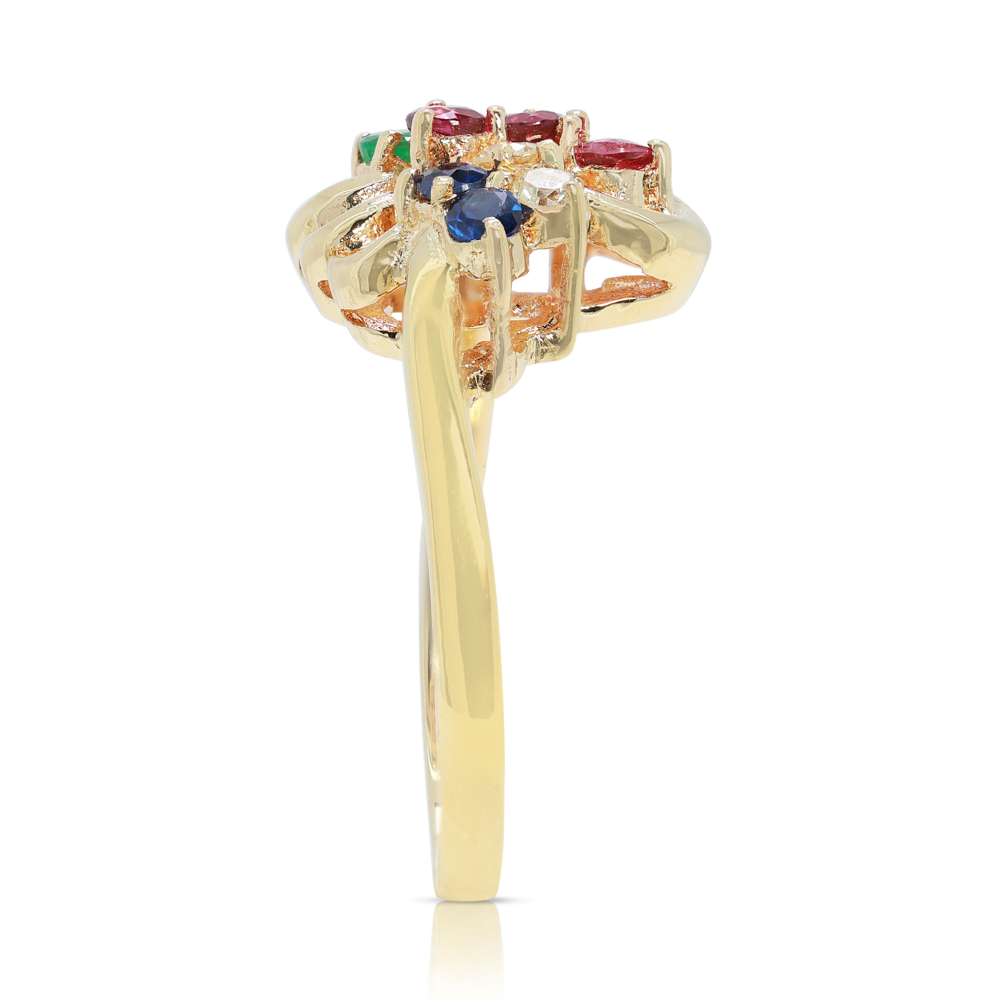 Magnifique bague en or jaune 18 carats avec rubis, saphir, émeraude et diamants de 0,45 carat Pour femmes en vente