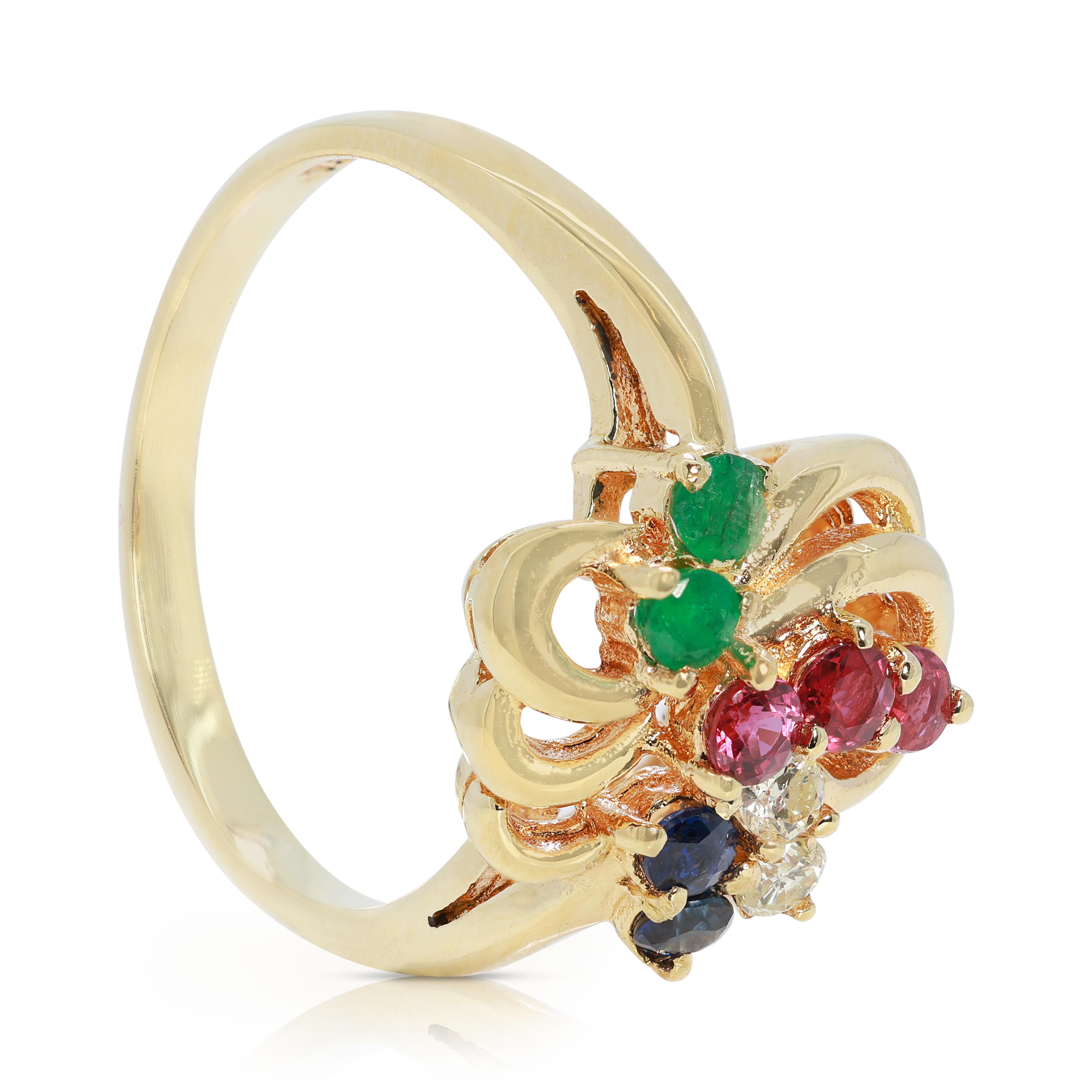 Magnifique bague en or jaune 18 carats avec rubis, saphir, émeraude et diamants de 0,45 carat en vente 1