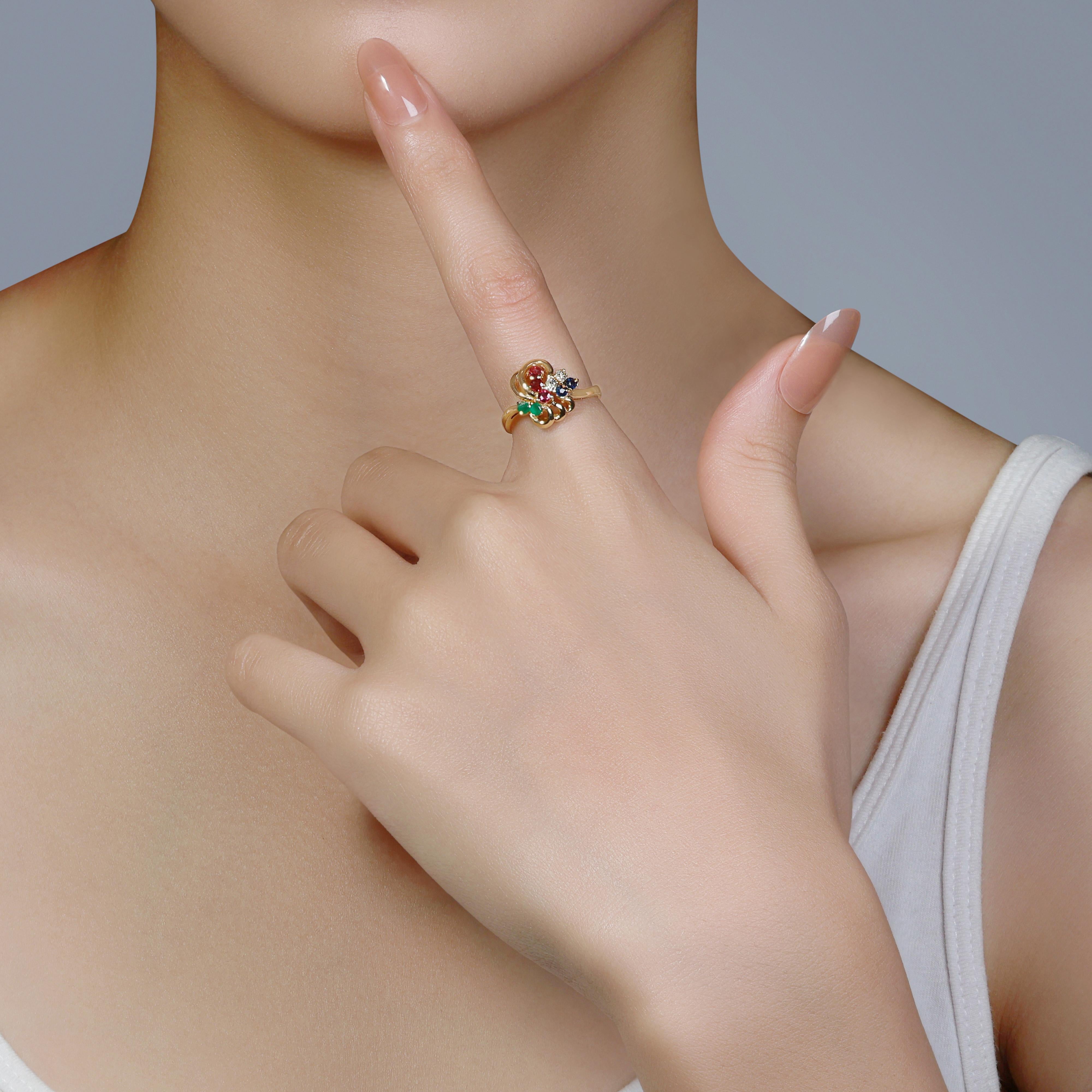 Magnifique bague en or jaune 18 carats avec rubis, saphir, émeraude et diamants de 0,45 carat en vente 3