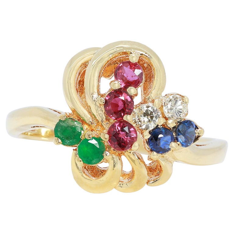 Bague Or 18 Carats Saphirs Rubis émeraude Diamants - Taille 55 - Style Cocktail - Occasion