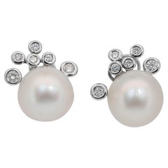 Beautiful 0.66ct Diamonds 
South Sea Cultured Pearls Earrings in 14k White Gold