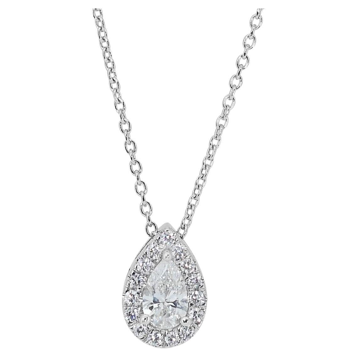 Beautiful 0.71 ct Pear Diamond Halo Necklace in 18k White Gold – GIA Certified For Sale