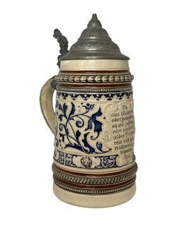 Beautiful 1 Liter Antique Germany Lidded Beer Stein Glazed Ceramic, 1900s