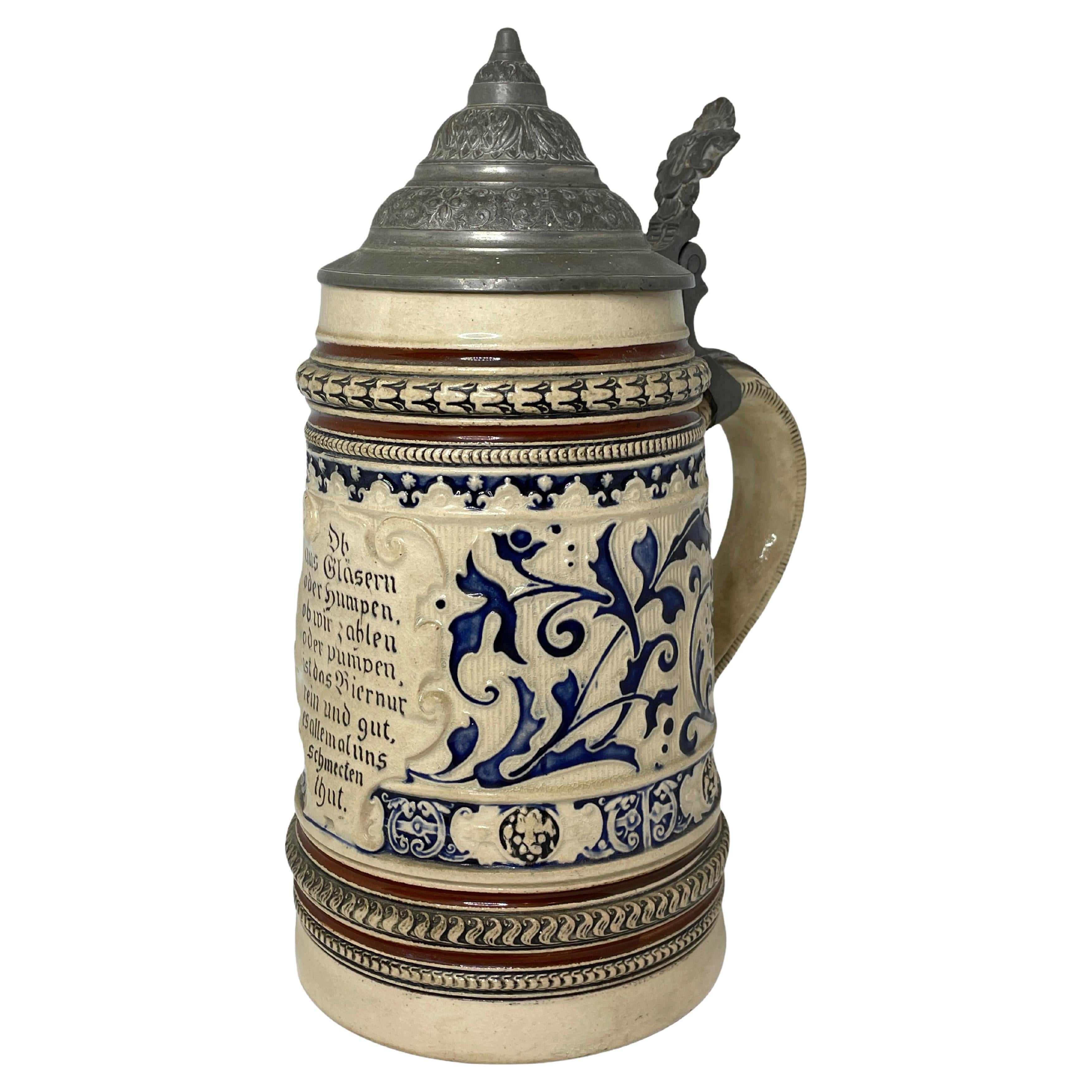 Beautiful 1 Liter Antique Germany Lidded Beer Stein Glazed Ceramic, 1900s