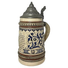 Beautiful 1 Liter Antique Germany Lidded Beer Stein Glazed Ceramic, 1900s