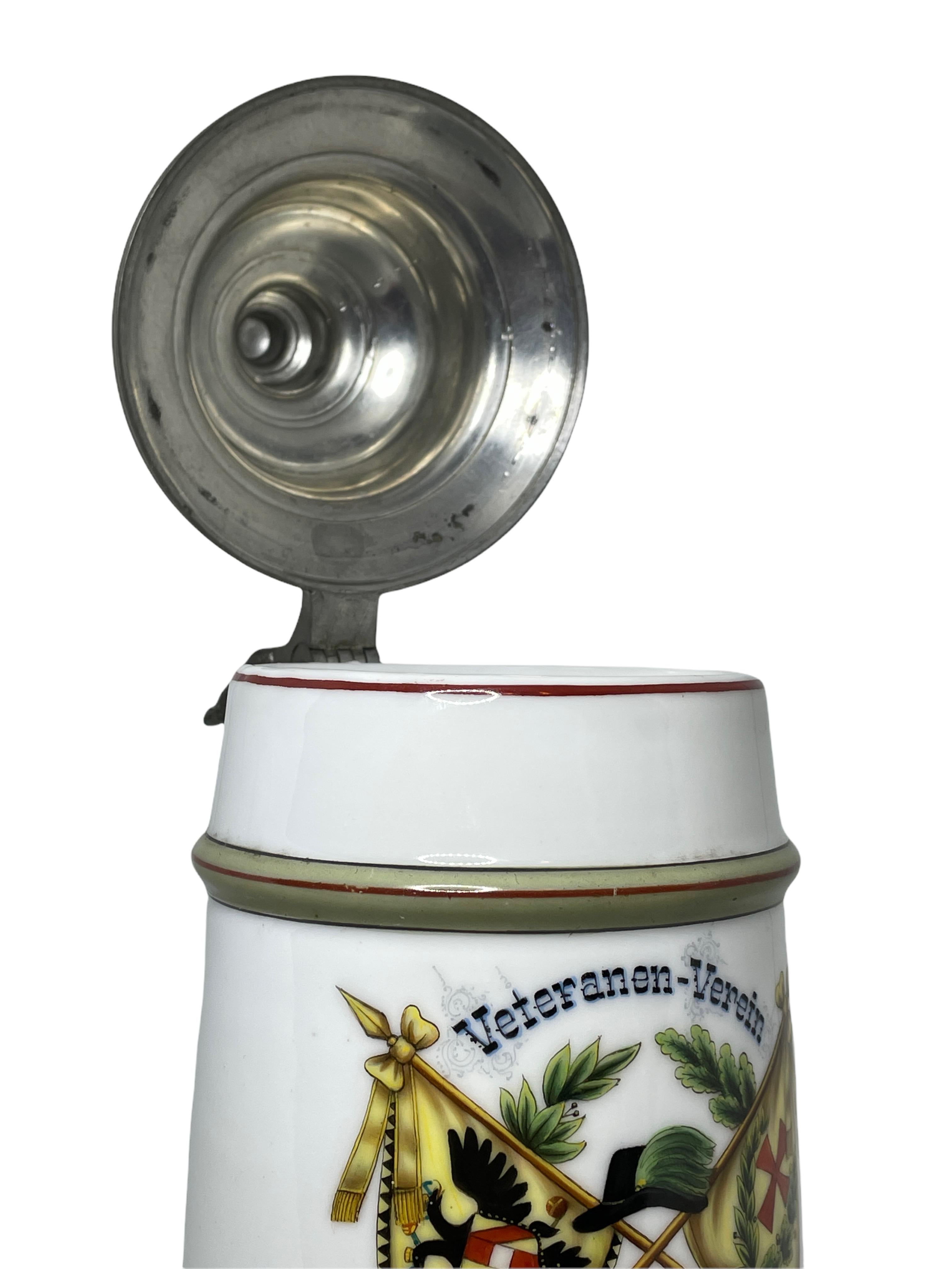 Pewter Beautiful 1 Liter Antique Germany Lidded Porcelain Veterans Beer Stein, 1900s For Sale