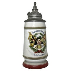 Bellissimo Stein da 1 litro di birra veterana in porcellana con coperchio, Germania, 1900