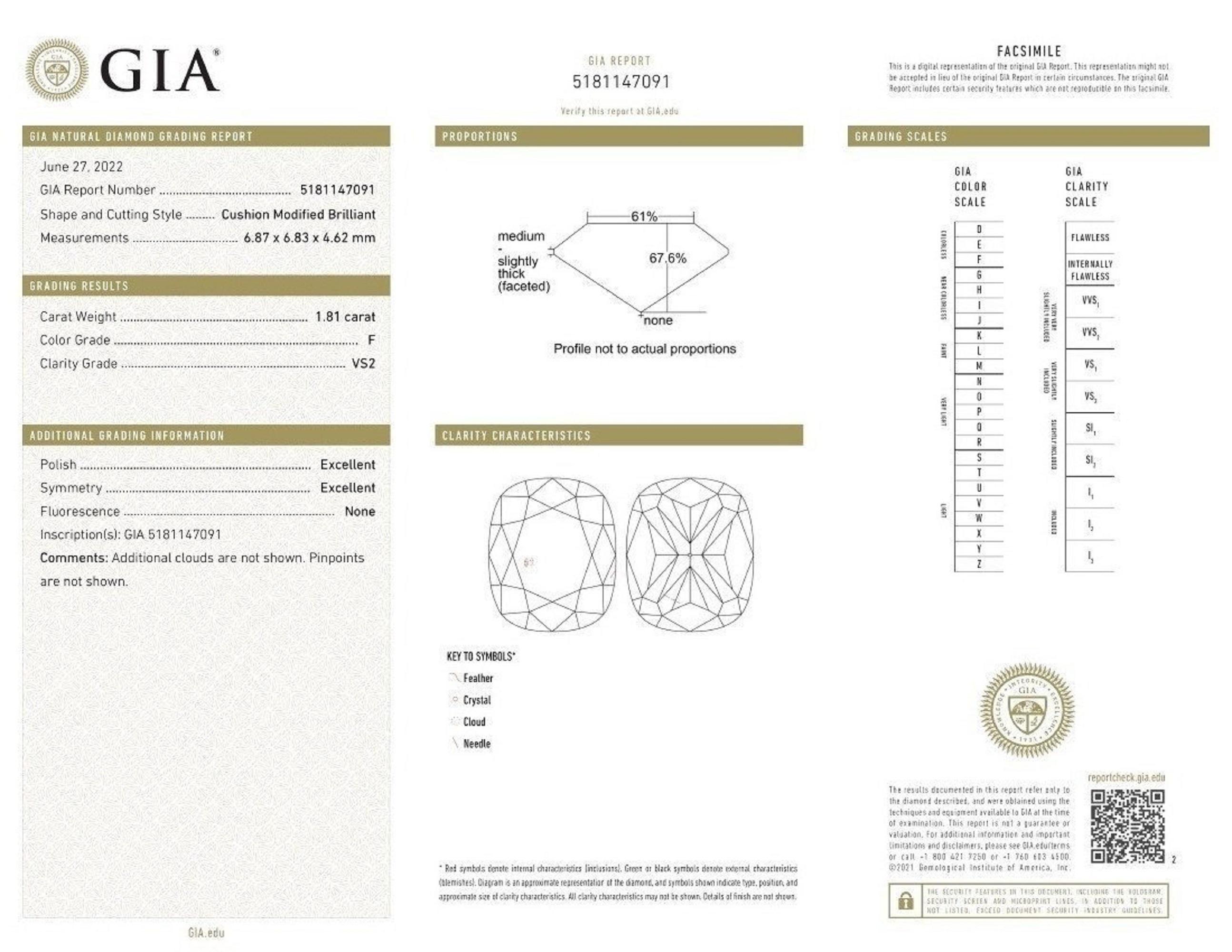 Precioso Diamante Natural de 1,81 ct - Certificado GIA Corte cojín en venta