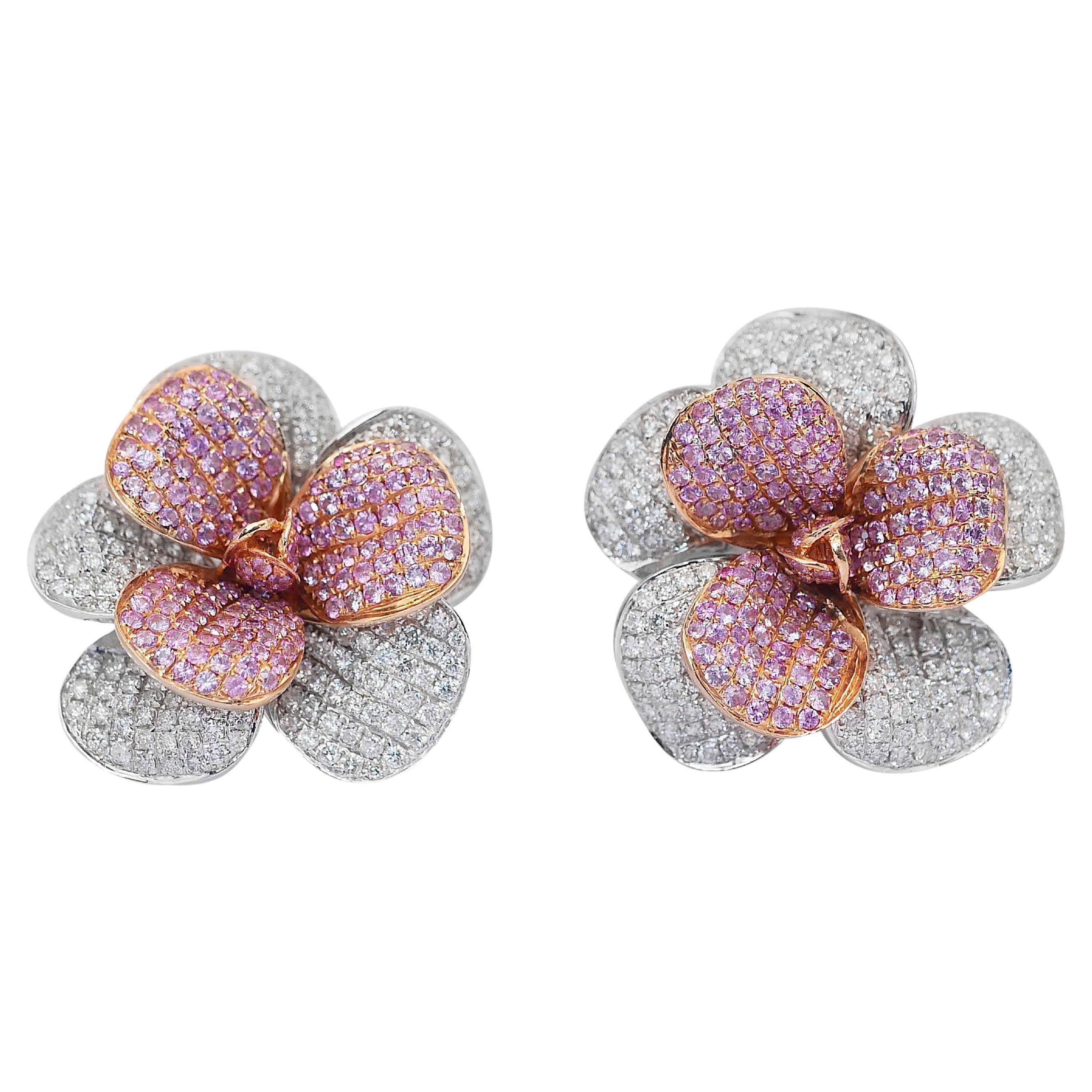 Beautiful 10.23ct Sapphires and Diamonds Flower-Shaped Earrings