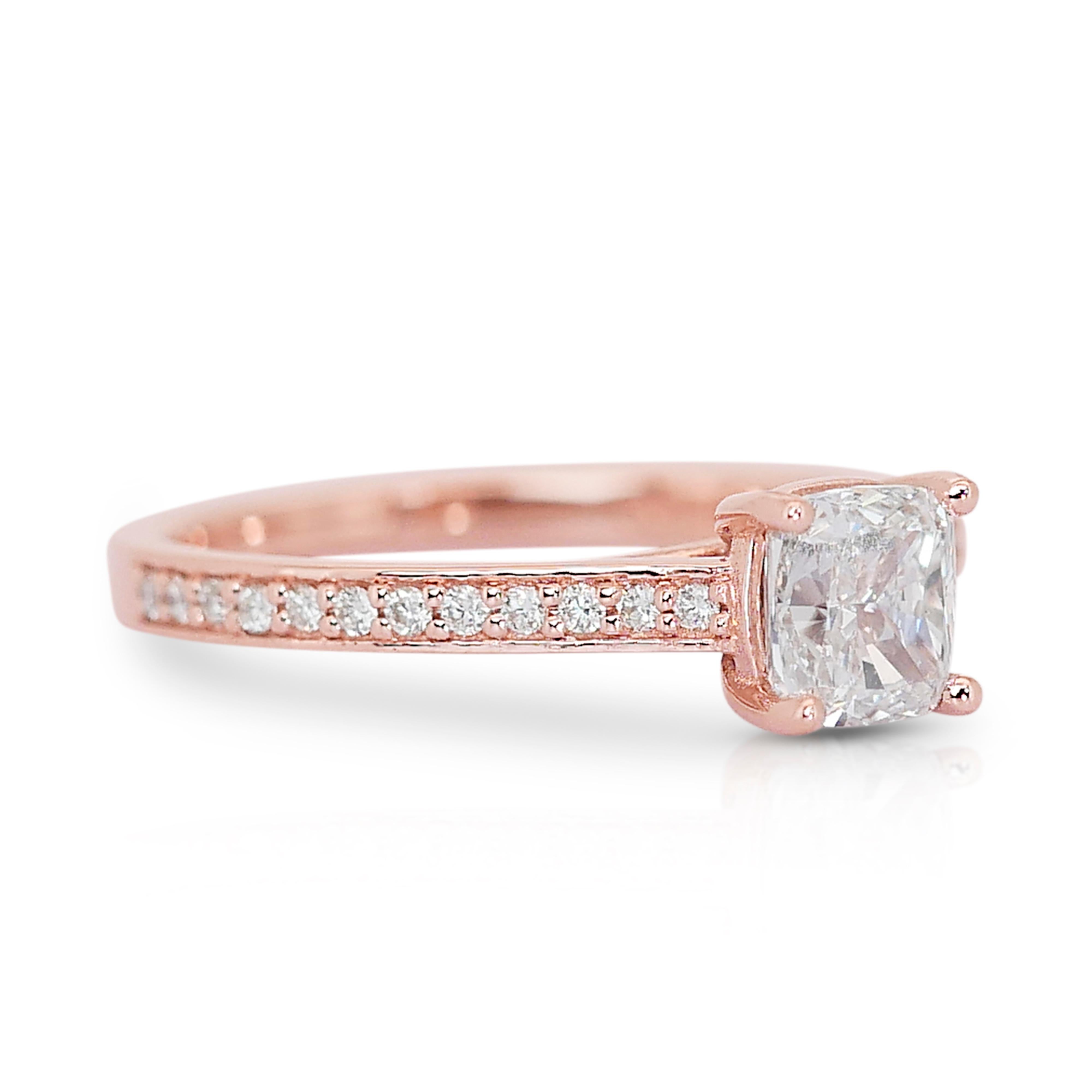 Beautiful 1.17ct Diamonds Pave Ring in 14k Rose Gold - GIA Certified

This radiant 18k rose gold pave ring showcases a dazzling 1.00-carat cushion-cut diamond, boasting a double excellent ideal cut for unparalleled brilliance and precision.