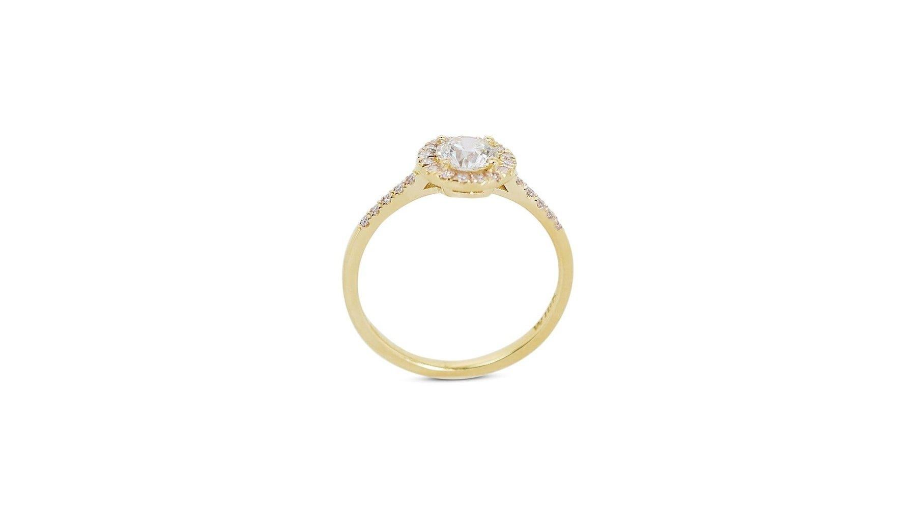 Round Cut Beautiful 1.27ct Triple Excellent Ideal Cut Diamond Halo Ring in 18k Yellow Gold For Sale