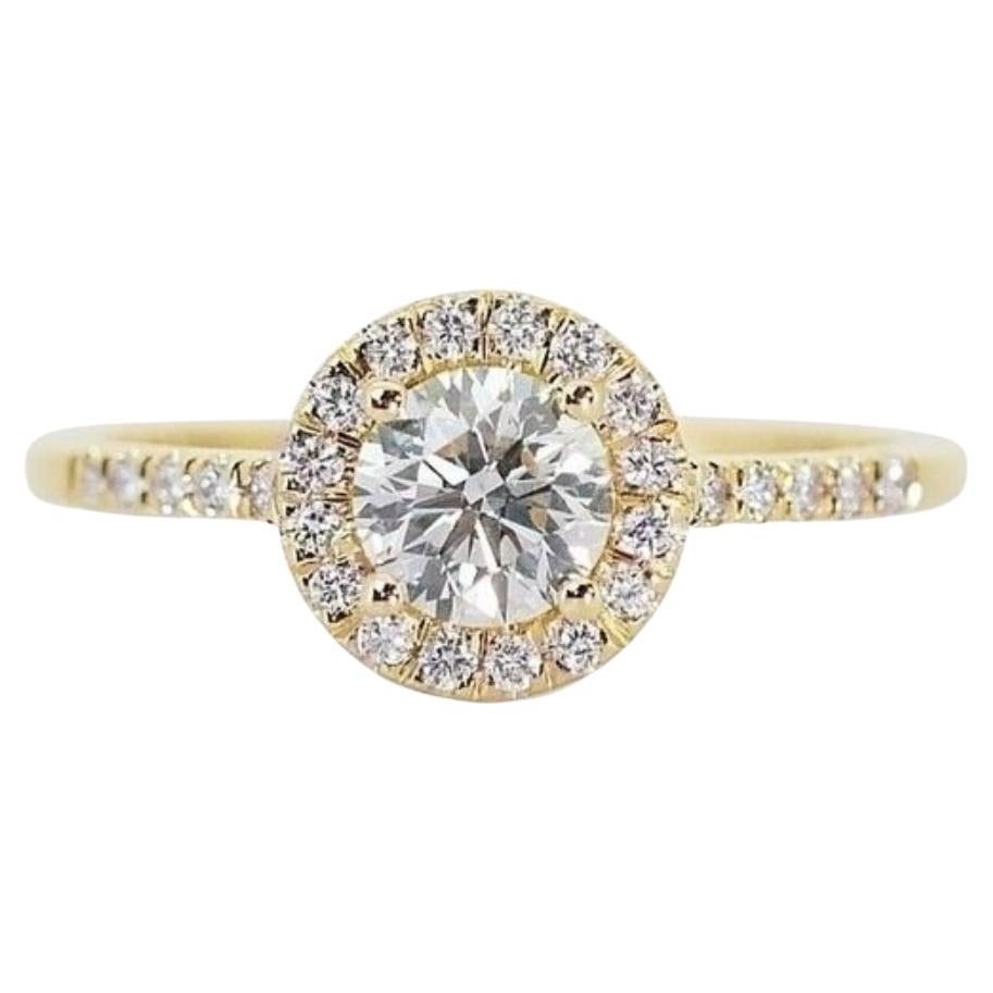 Beautiful 1.27ct Triple Excellent Ideal Cut Diamond Halo Ring in 18k Yellow Gold