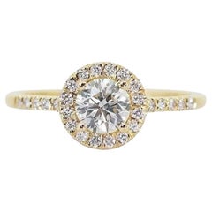 Magnifique bague halo de diamants taille idéale de 1,27 carat en or jaune 18 carats
